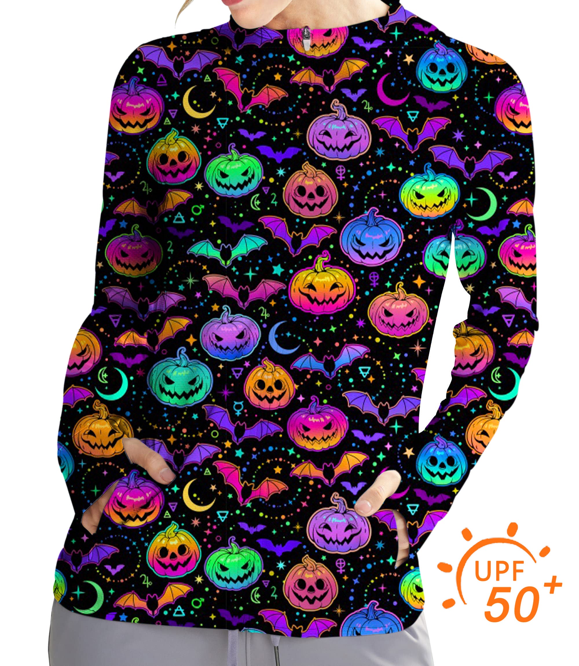 Women's Outdoor Neon Halloween Pumpkin Golf Sun Protection Slim Fit zip hoodies