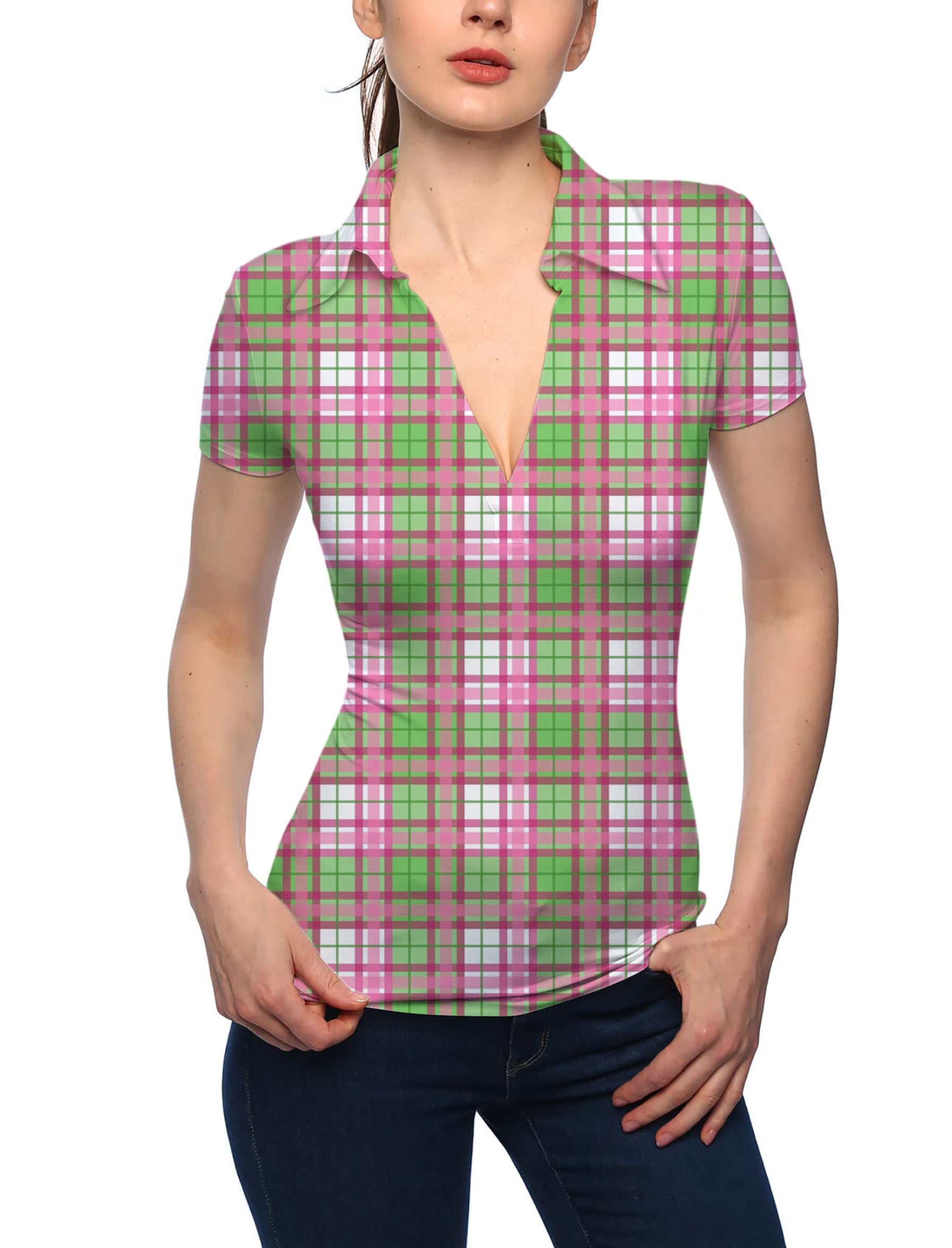 Women's grid V Neck Golf Polo