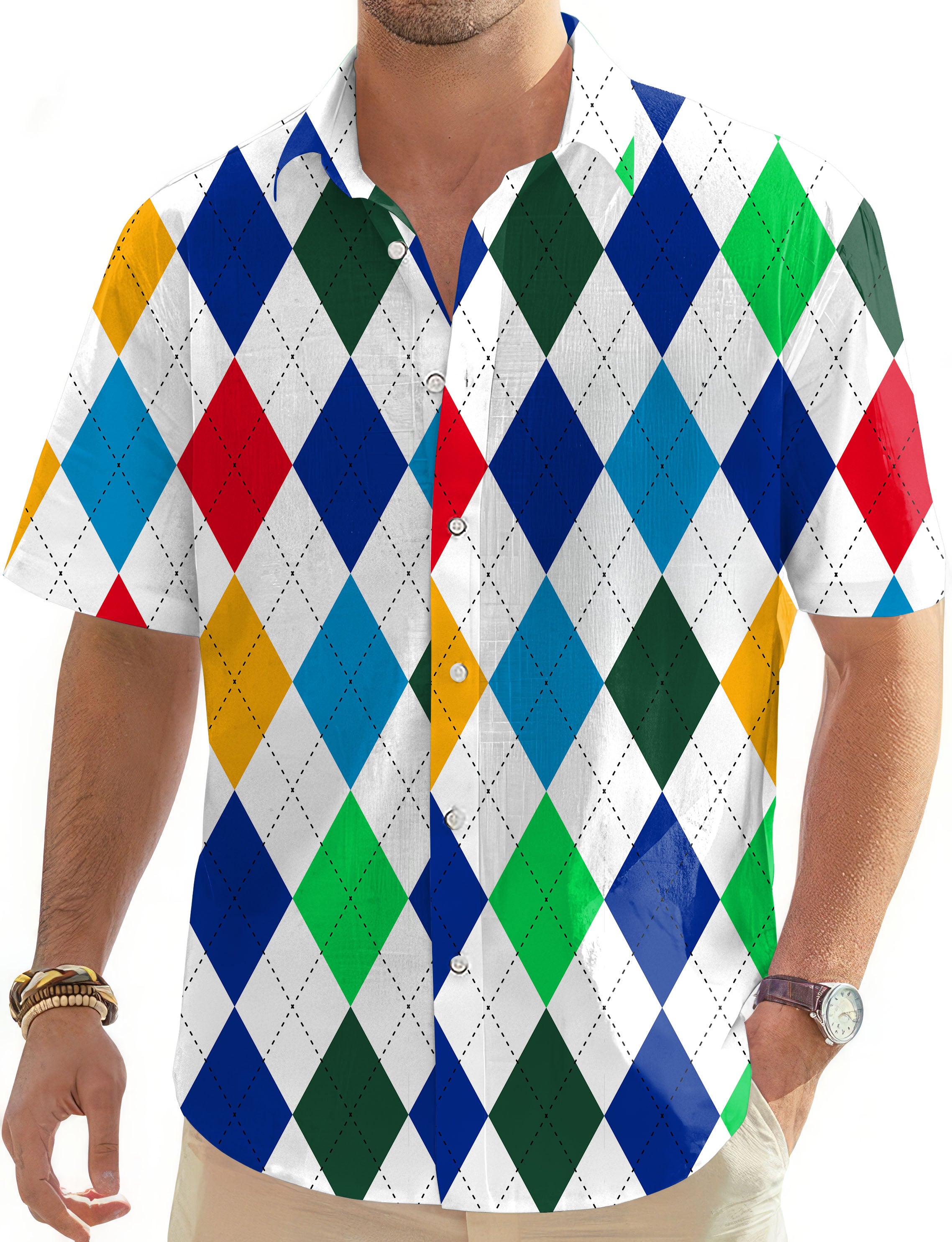 Argyle Colorful-Men's Golf Hawaiian Shirts Button Down Shirt