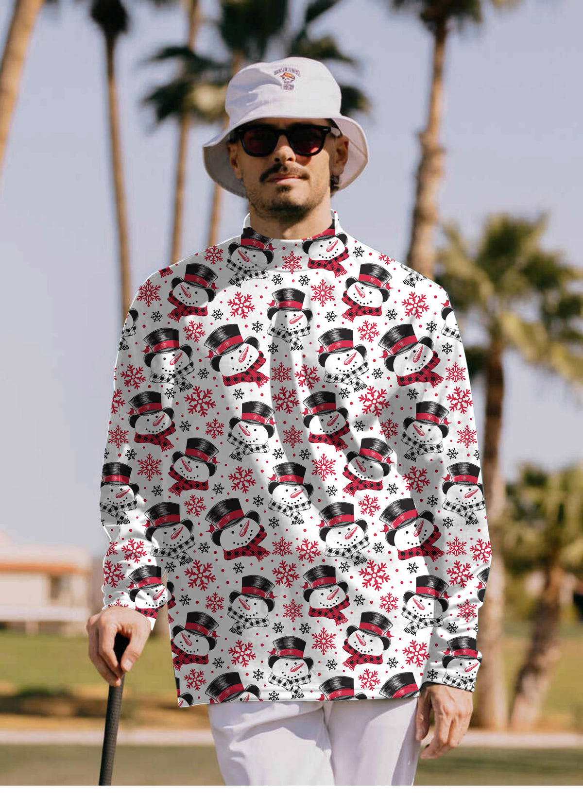 Men's Christmas Snowman Mock Neck Long/Short Sleeve Golf Tops