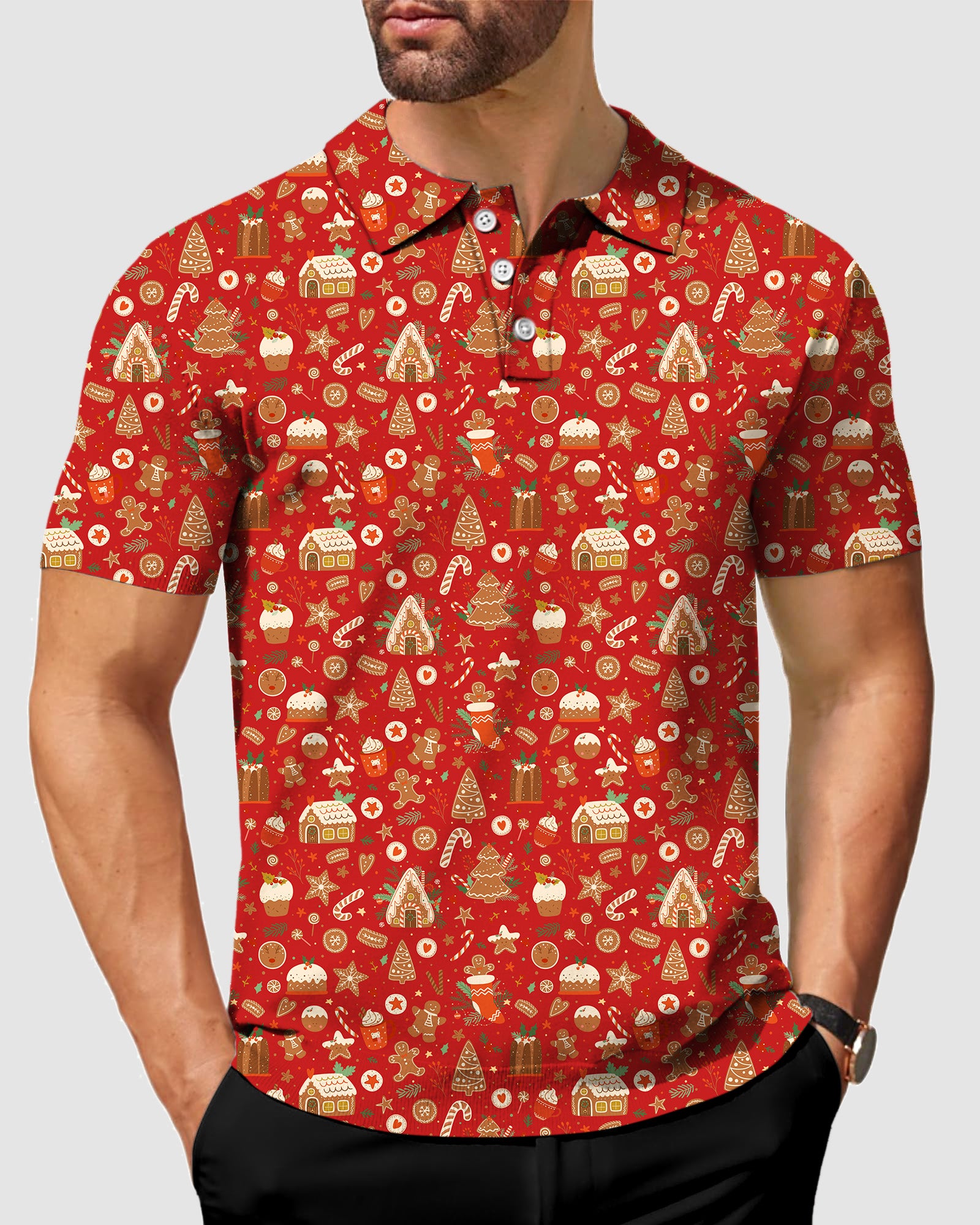 Men's Red Christmas Candy House Golf Polo