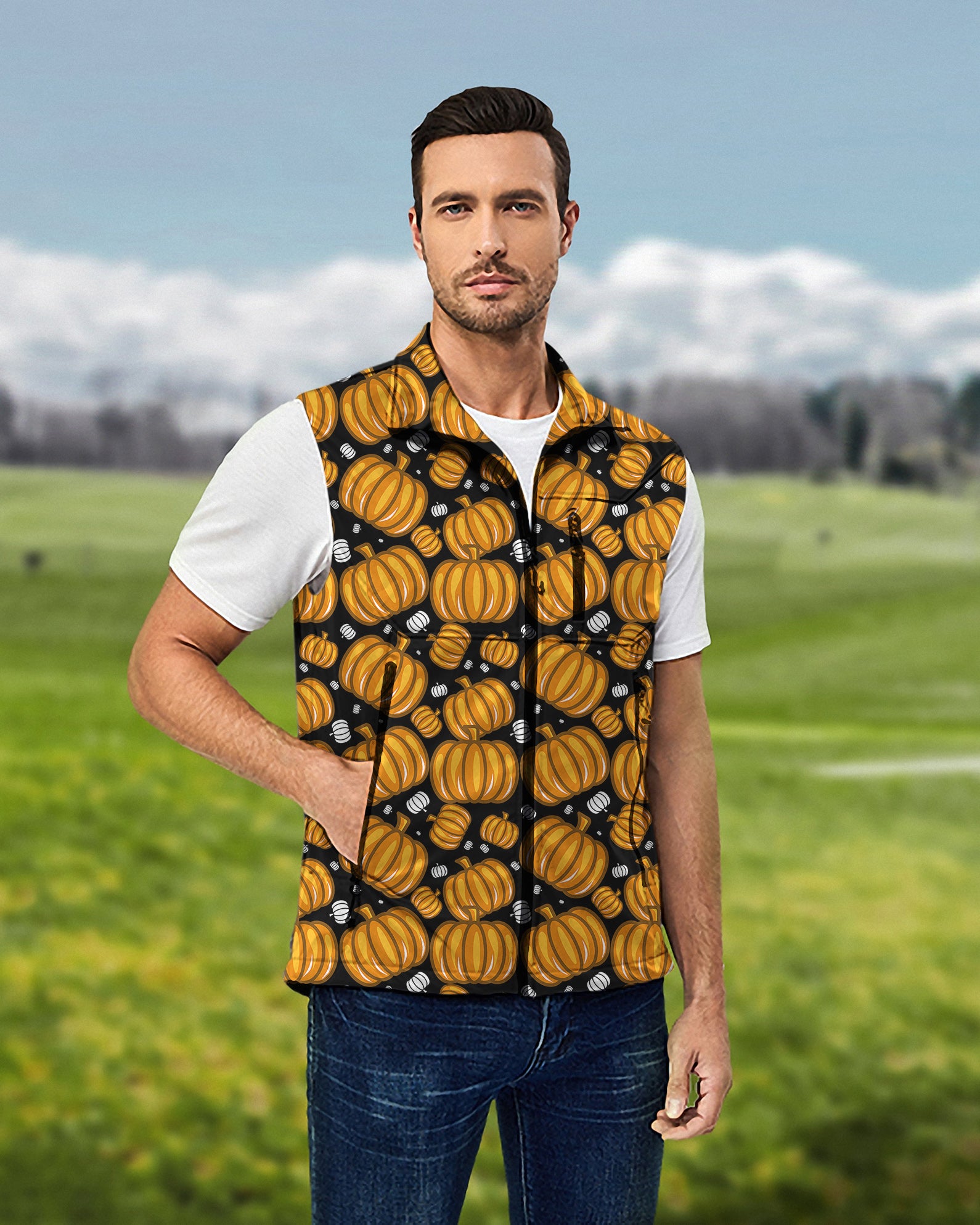 Men's Halloween Pumpkin Family Lightweight Softshell Vest Sleeveless Jacket for Golf Windproof Waterproof