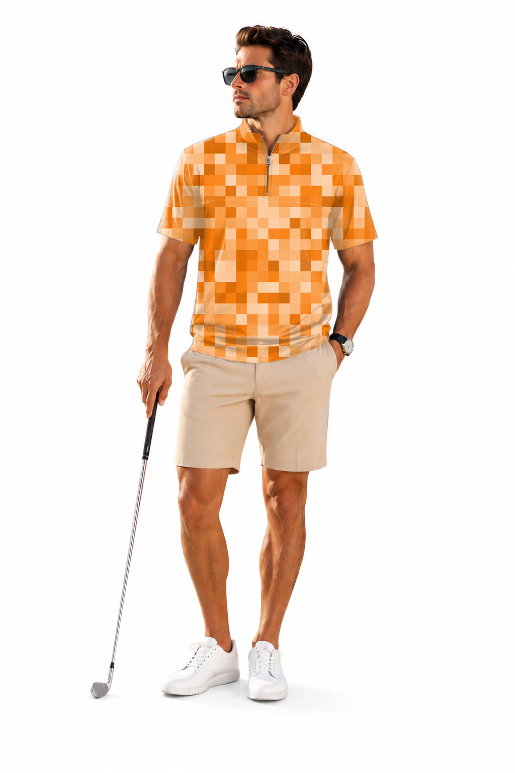 Men's Short Sleeve Quarter Zip Golf Pullover   Orange Pixel-Big Embroidery