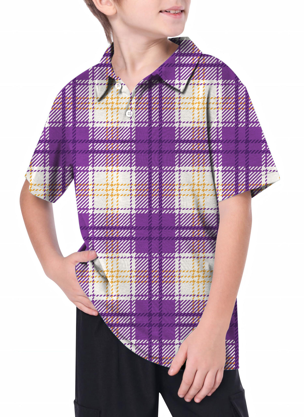 Youth Halloween purple and yellow grid pattern Golf Polo