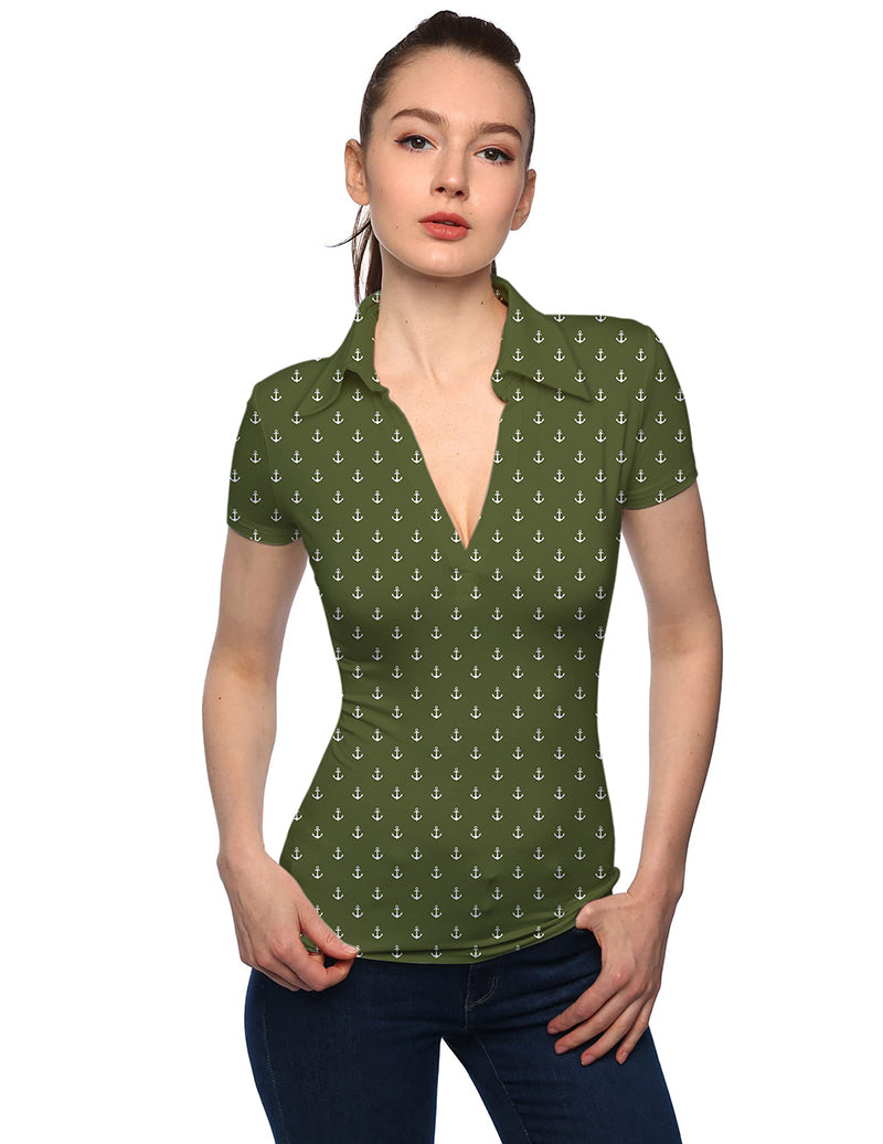 Women’s dark green anchor pattern V-neck golf polo with short sleeves and stand collar