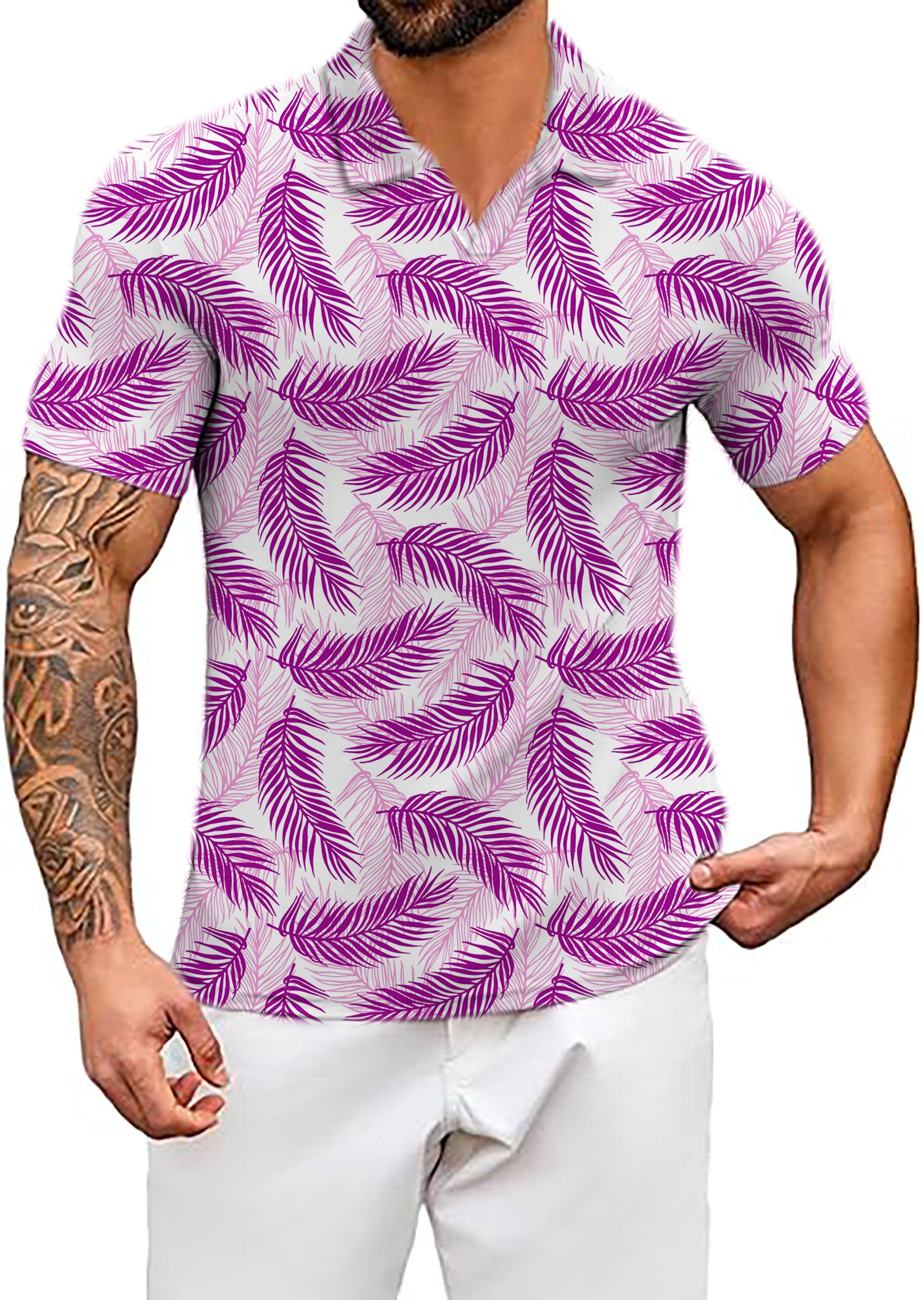 Men's Purple Palms V Neck Golf Polo Shirts