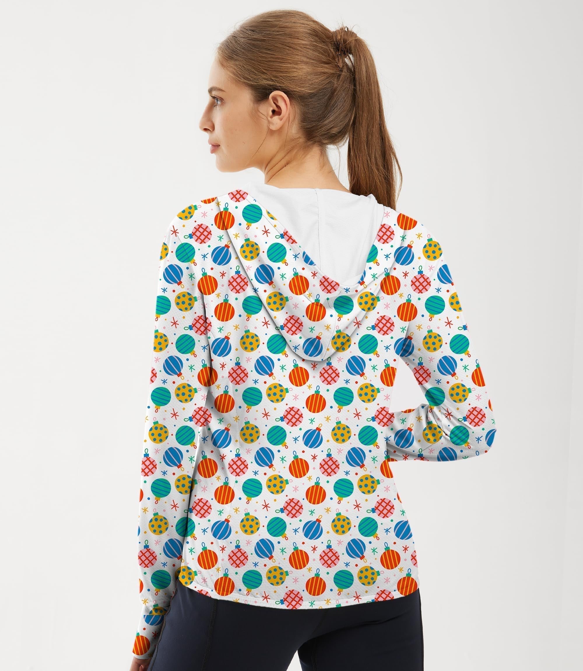 Women’s outdoor Christmas decoration golf sun protection slim fit zip hoodie with colorful ornament print