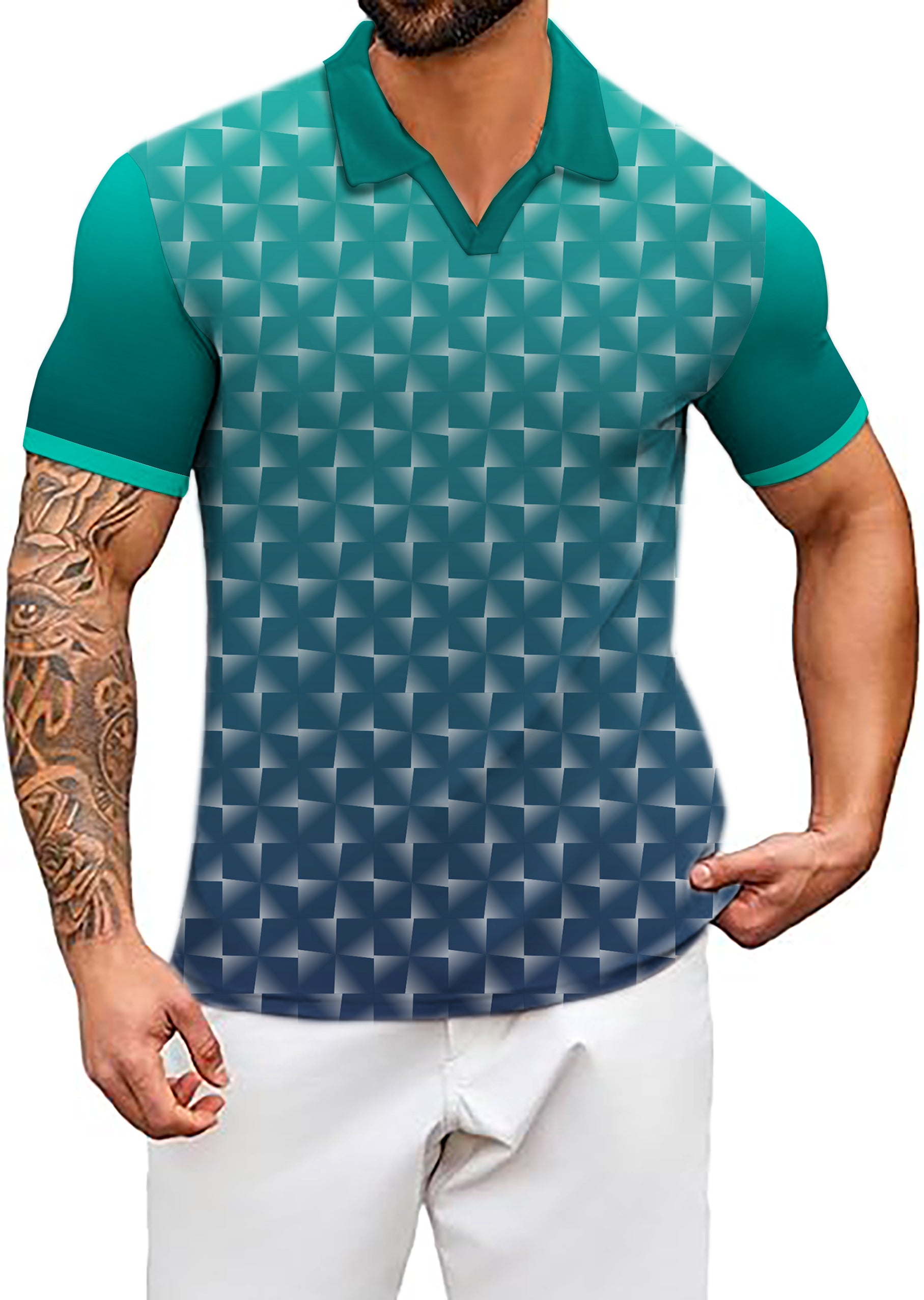 Men's Coconut Palm Cyan Gradient Custom Sport Team Competition Uniforms- V Neck Golf Polo Shirts