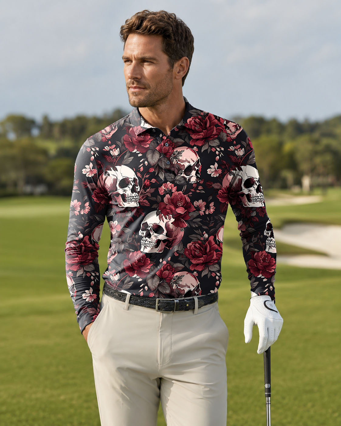 Men's Halloween floral skull Long-sleeved Polo