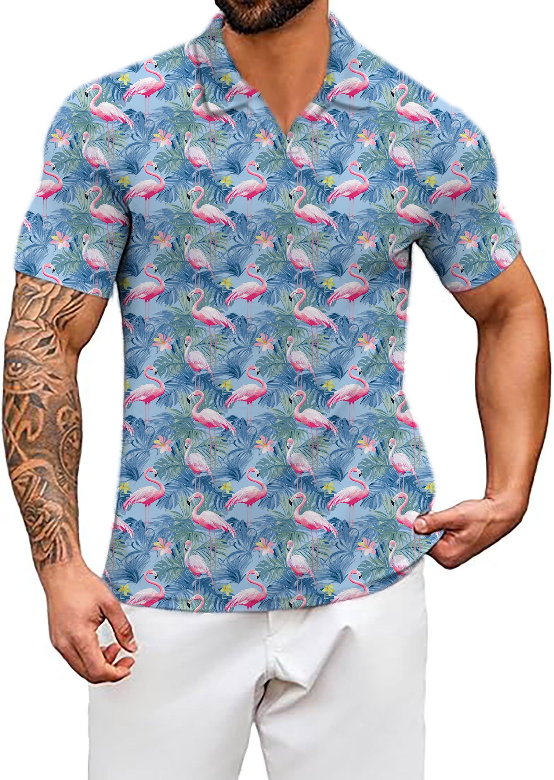 Men's Tropical birds pink flamingo V Neck Golf Polo Shirts