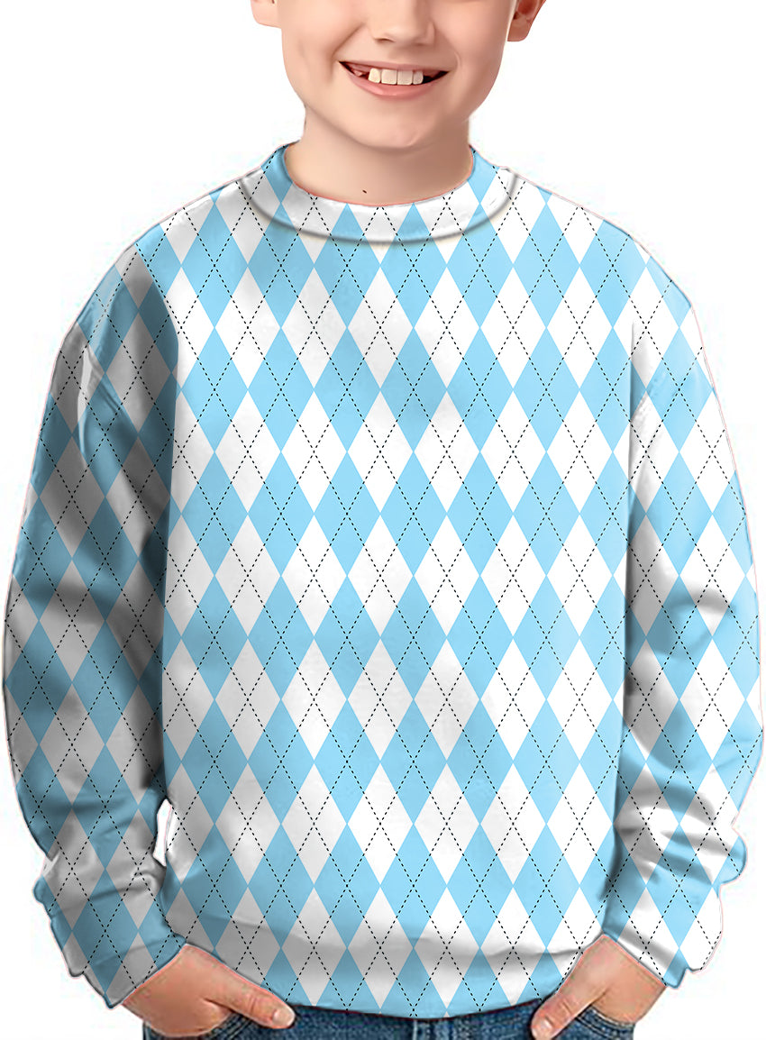 Blue diamond grid Crewneck Pullover Kids Ugly Sweater