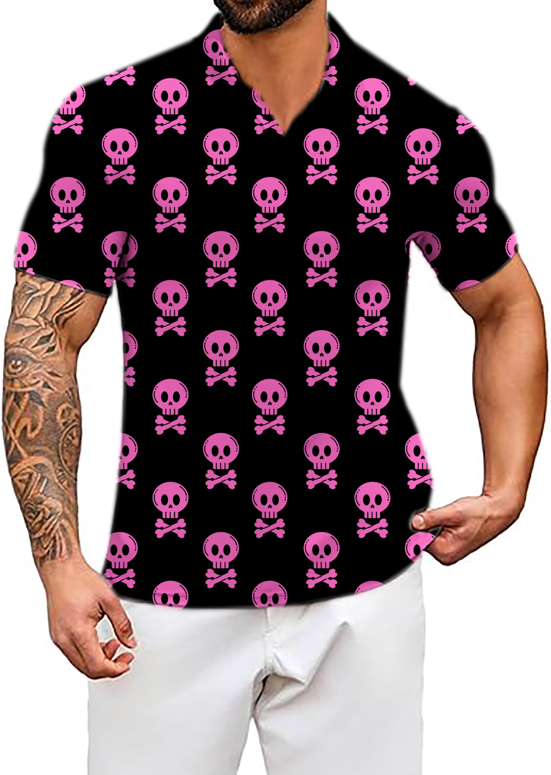 Men's Halloween Punk Skull V Neck Golf Polo Shirts