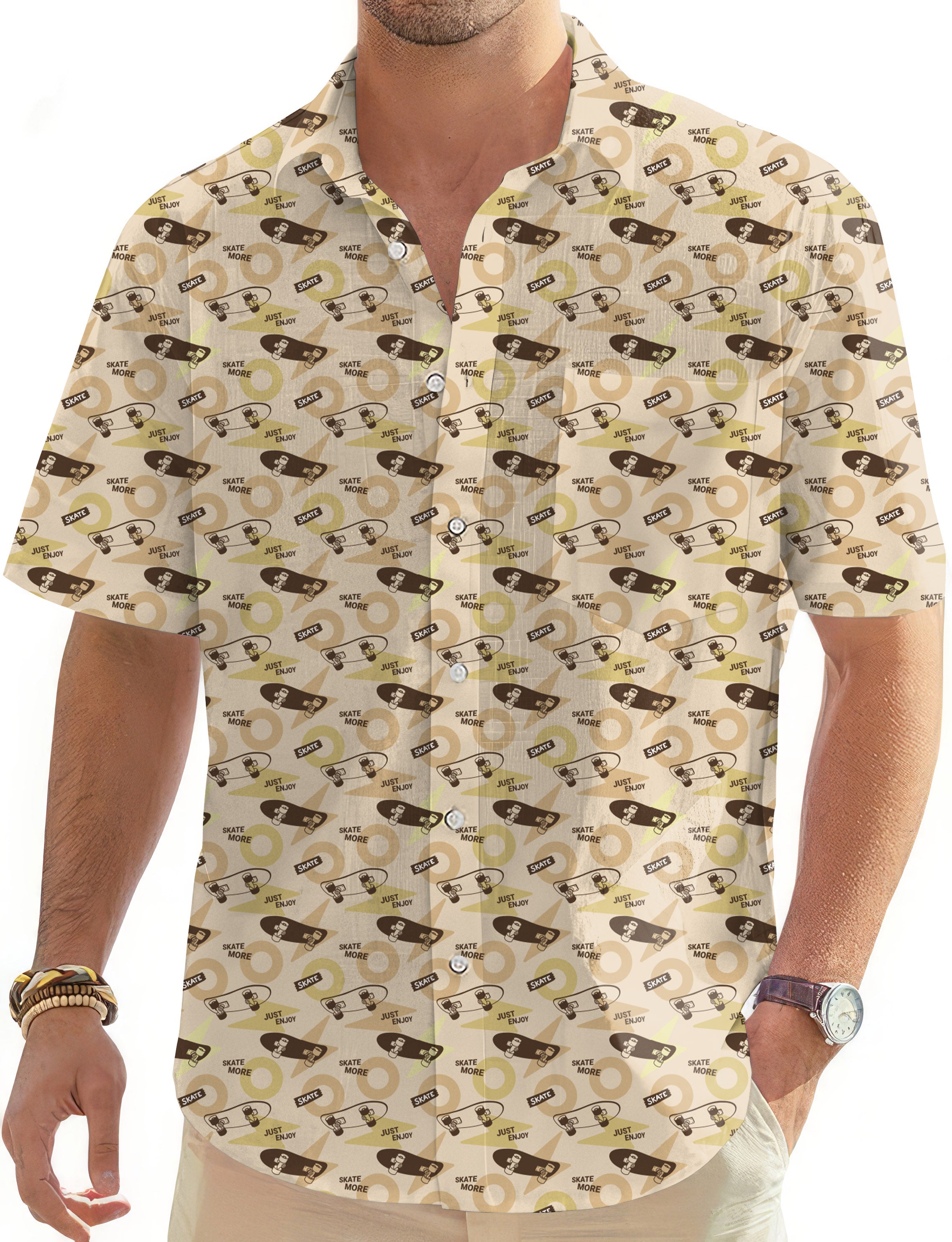 Khaki Skate More Men's Golf Hawaiian Shirts Button Down Shirt