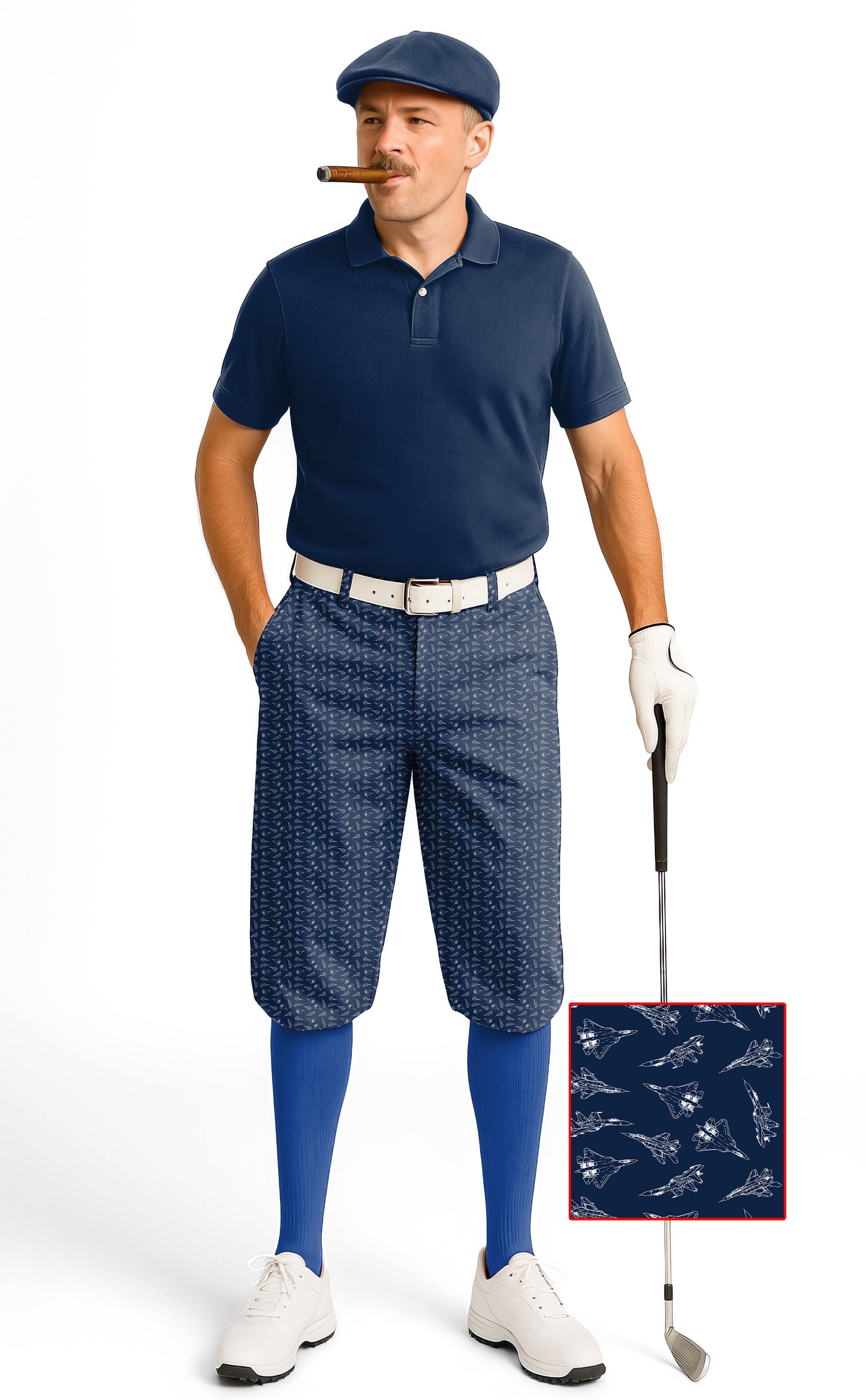 Fighter Men's Golf Knickers pants with snug ankle cuffs, breathable stretch fabric, wrinkle resistant, blue patterned design.