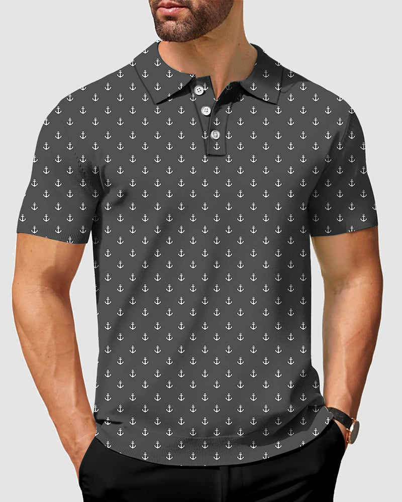 Men's black anchor polo shirt with custom monogram options, four-way stretch, moisture-wicking fabric, wrinkle resistant, UPF 40+ protection, and classic fit for business casual wear