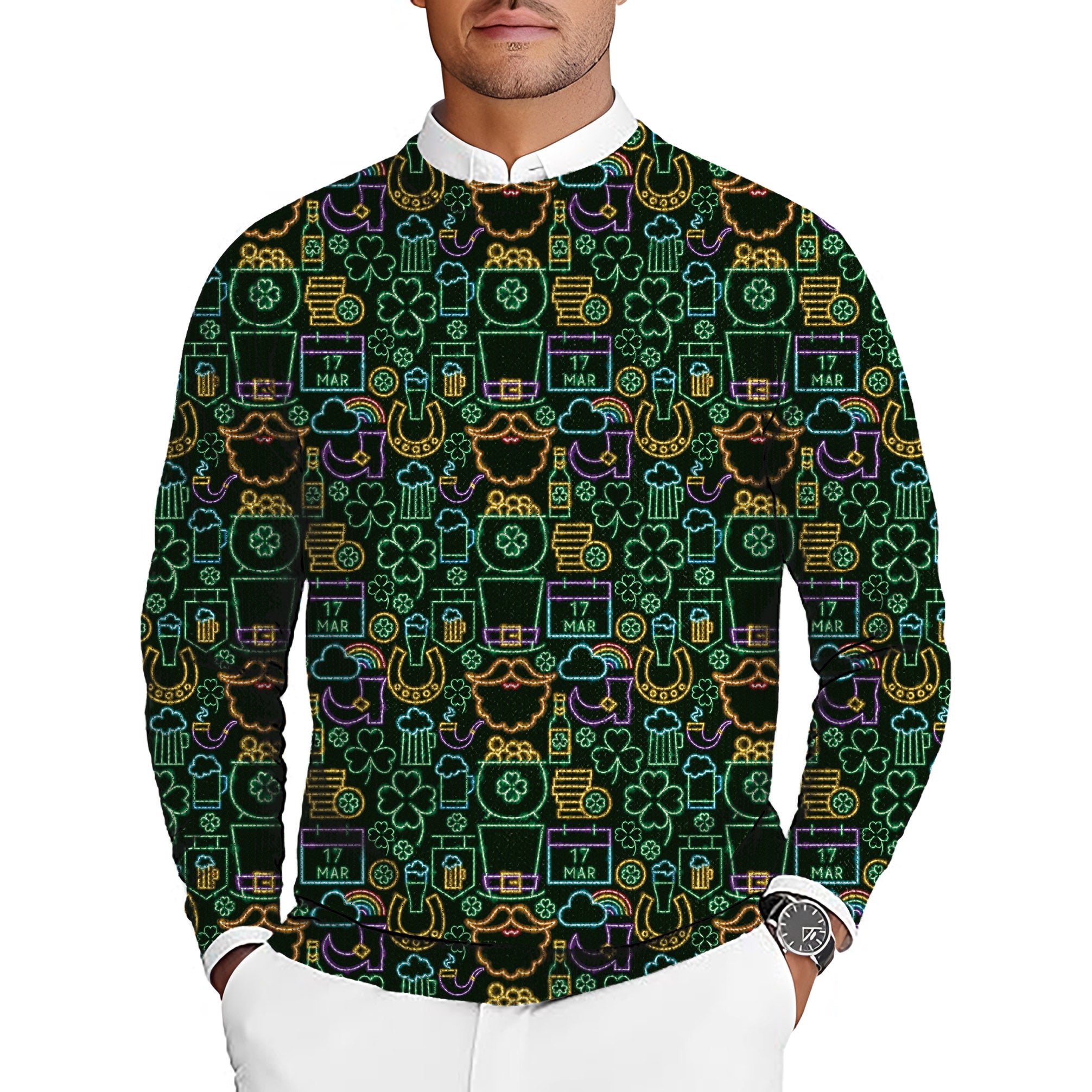 Neon Saint Pattys Party Men's Golf Crewneck Pullover Sweaters Ugly Sweater