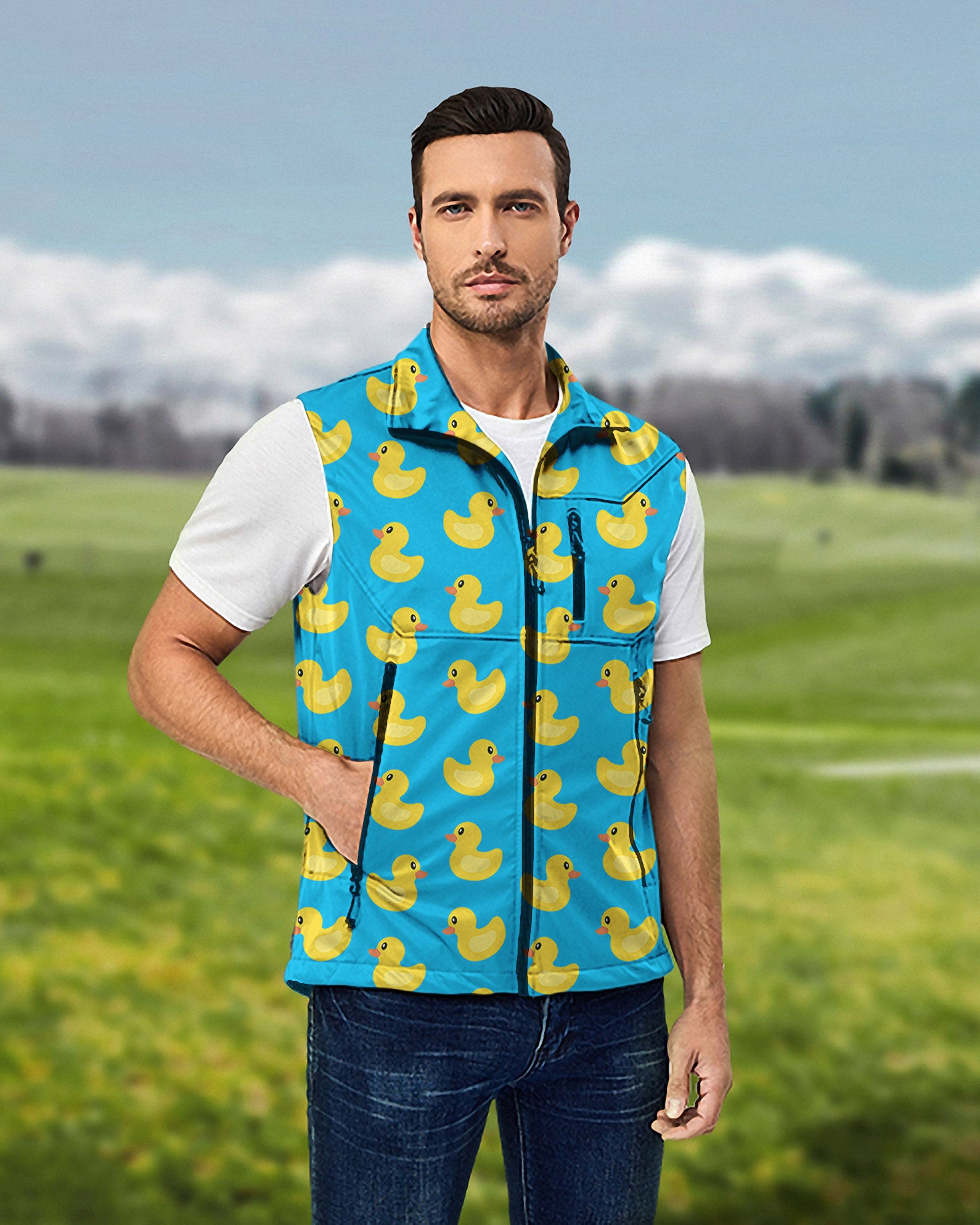 Men's Yellow duck Lightweight Softshell Vest Sleeveless Jacket for Golf Windproof Waterproof