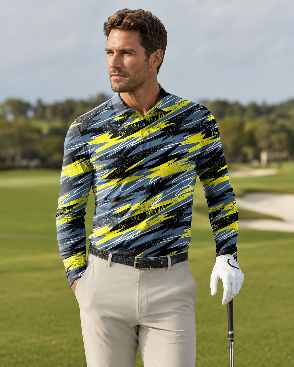 men's golf lightning Long-sleeved Polo