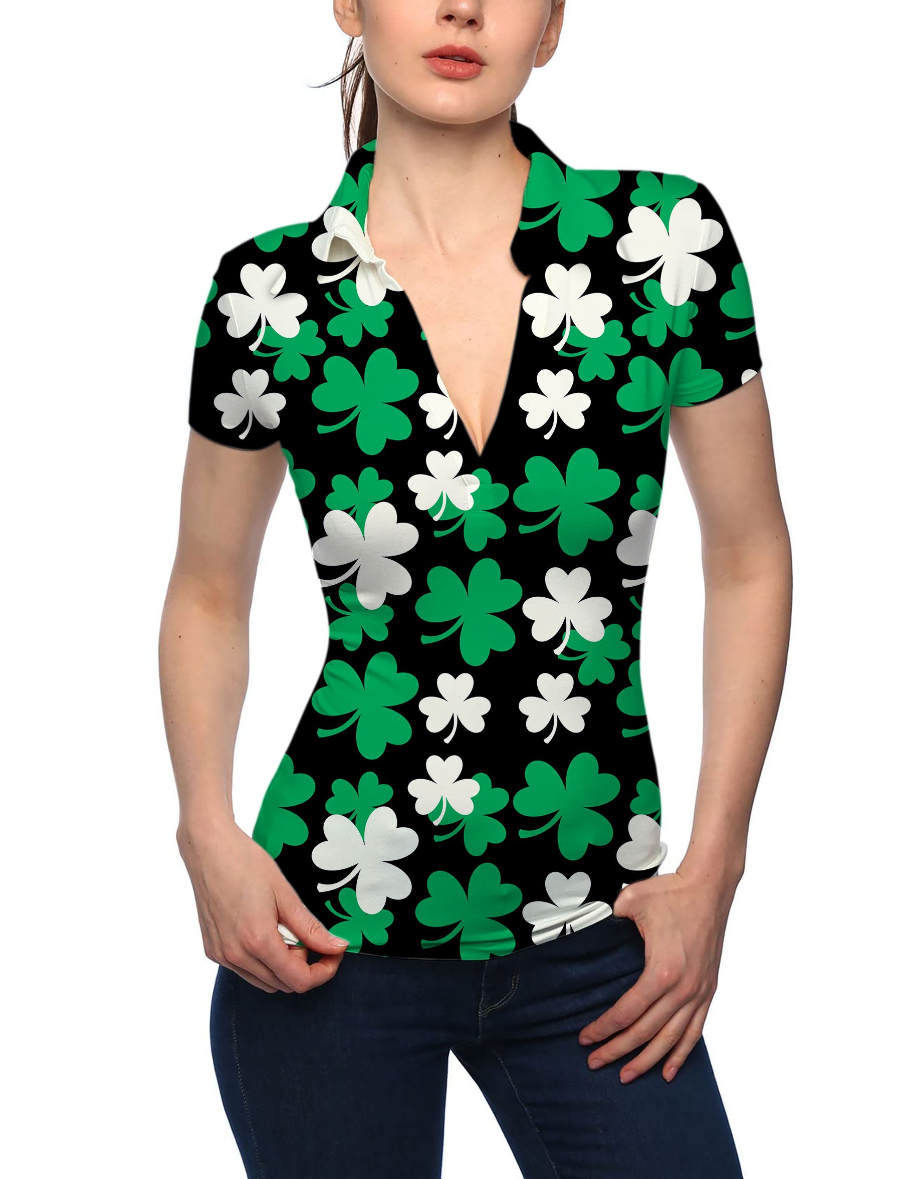 Women's Leaf clover St. Patrick's Day V Neck Golf Polo