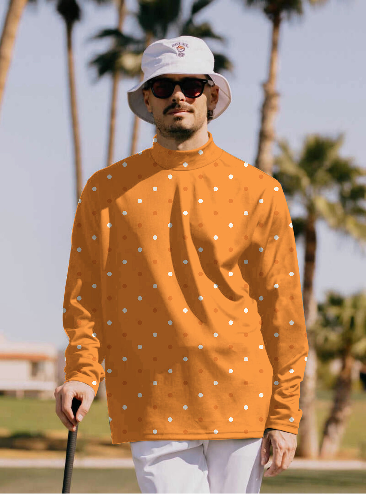 Men's Halloween yellow and white polka dots Mock Neck Long/Short Sleeve Golf Tops