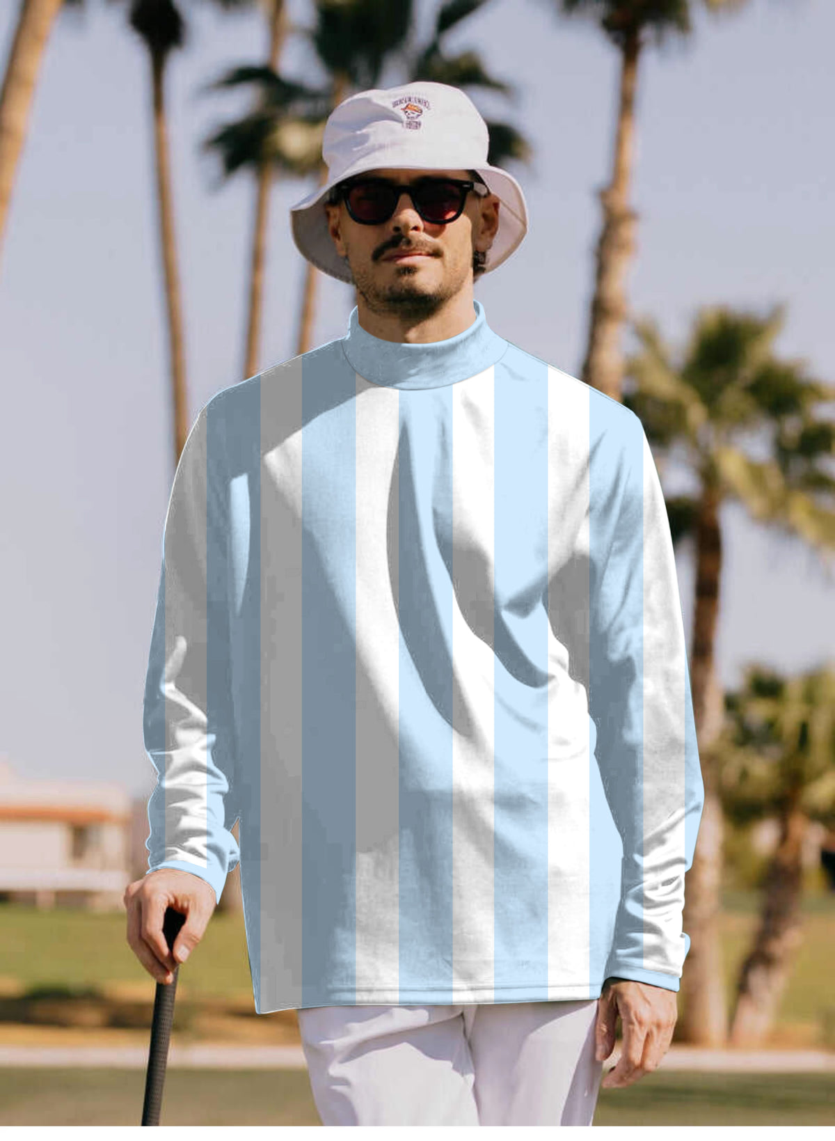 Men's Blue and white vertical stripes Mock Neck Long/Short Sleeve Golf Tops