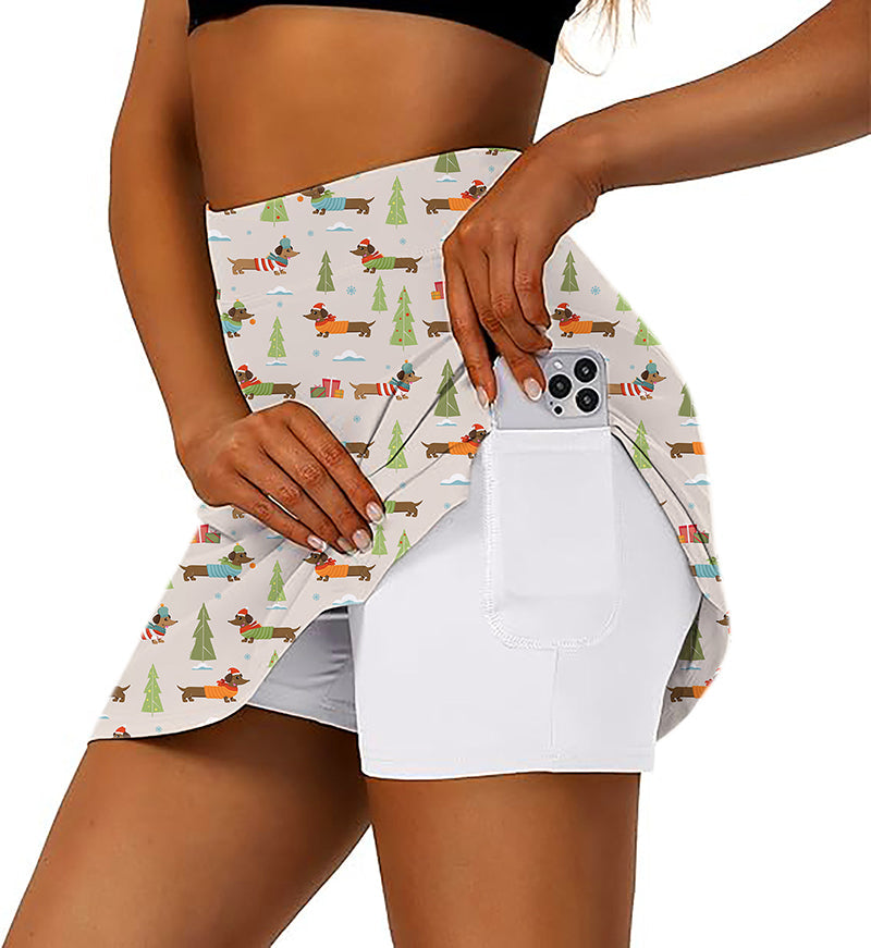 Women's Christmas dachshund golf skirt with inner shorts and phone pocket featuring festive dog and tree design