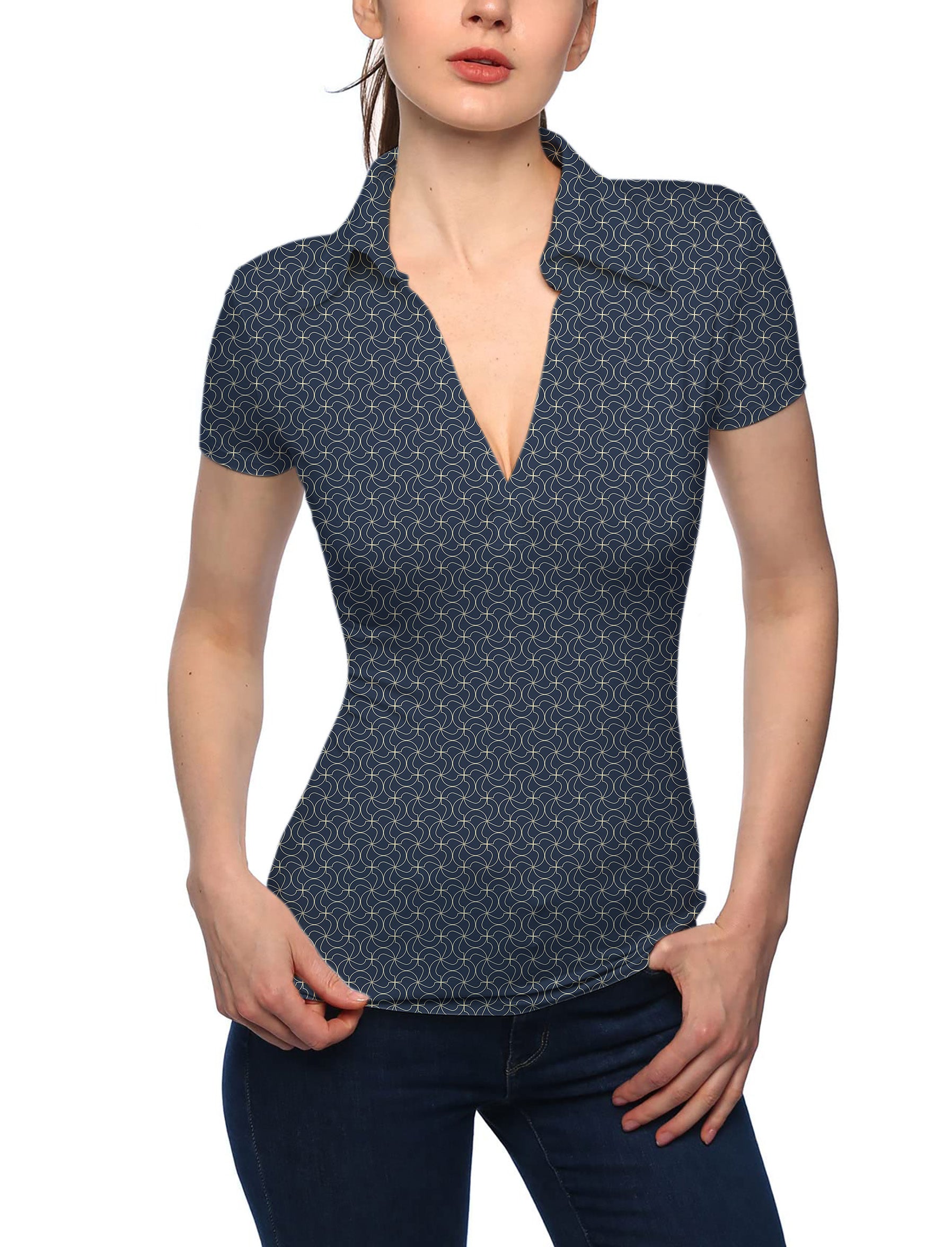 Women's navy blue floral V Neck Golf Polo limited edition