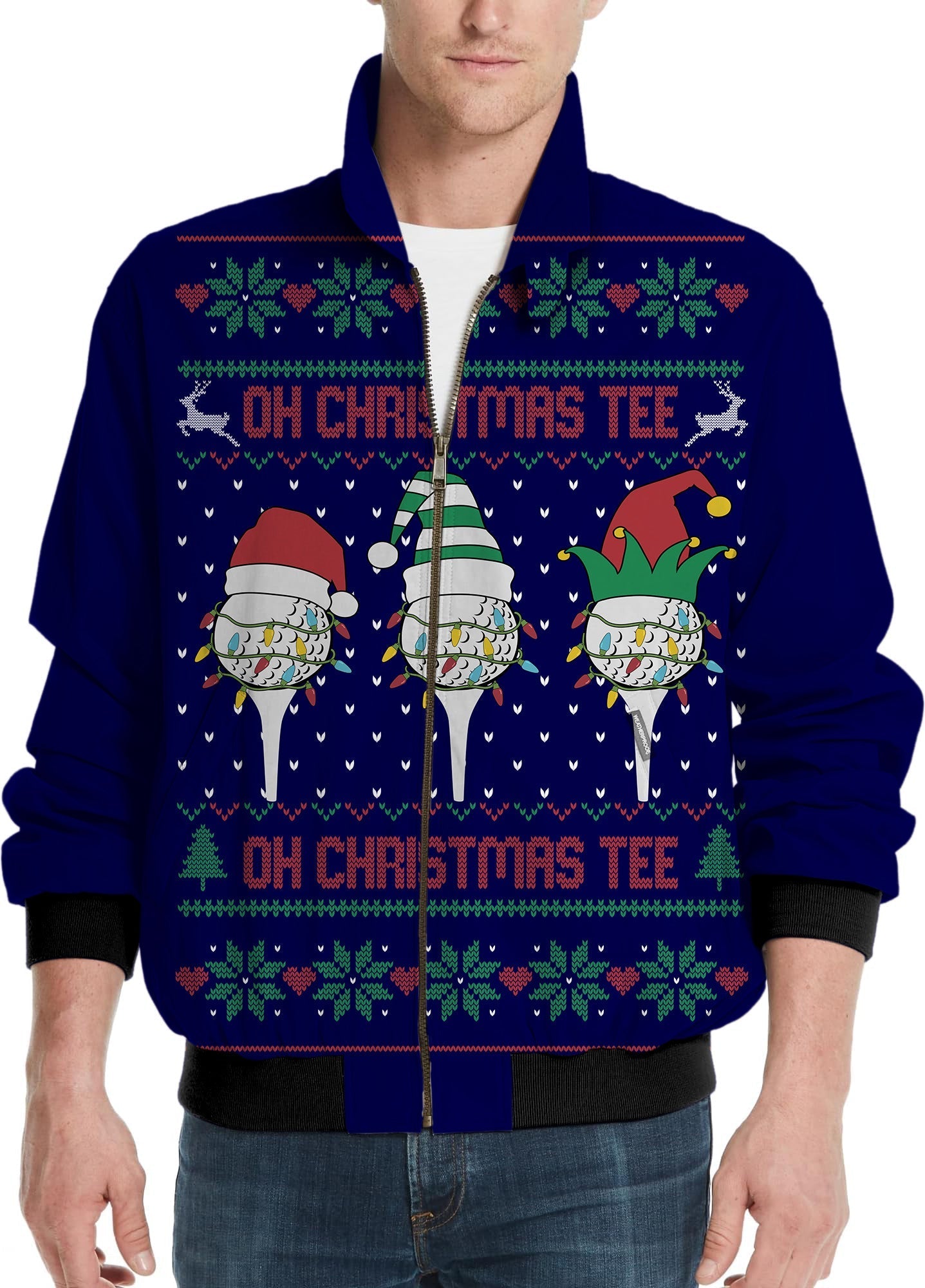 Navy-Christmas Custom face men's golf windbreaker jacket with festive tee graphics and holiday design