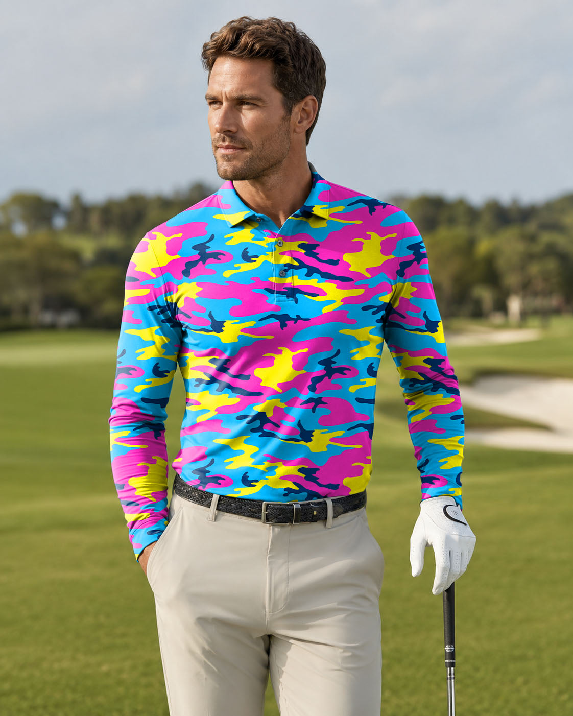 Men's golf Long-sleeved Polo Neon Camo