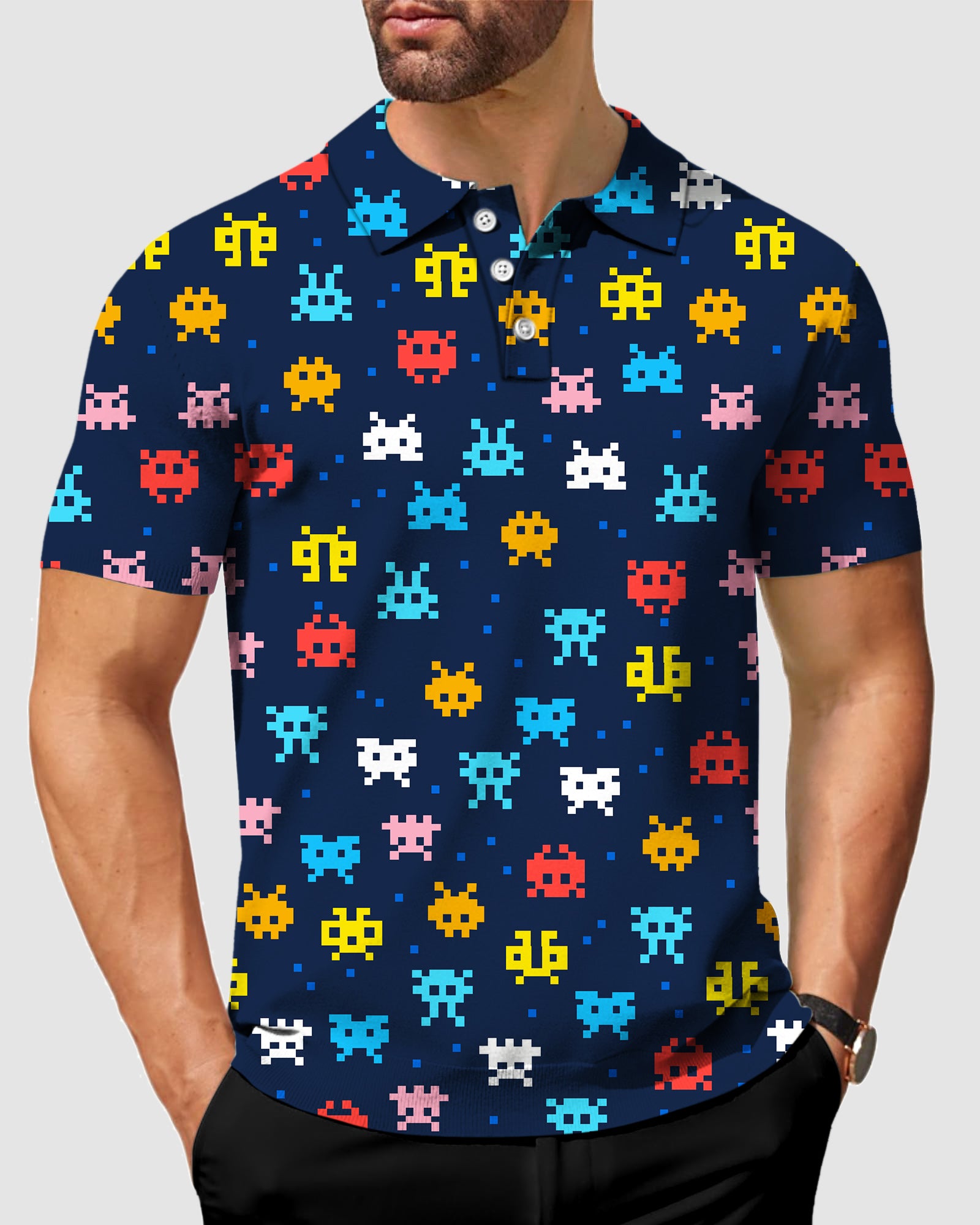 Men's Funny Pixel Monsters golf polo