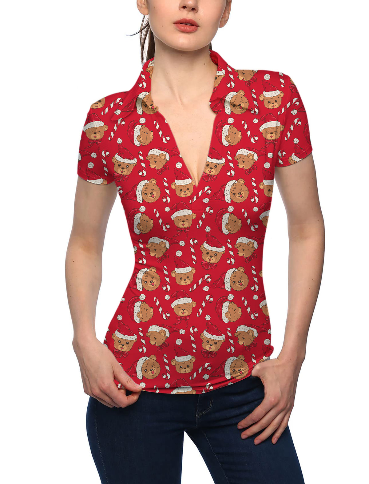 Women's Red Christmas Teddy Bear V Neck Golf Polo