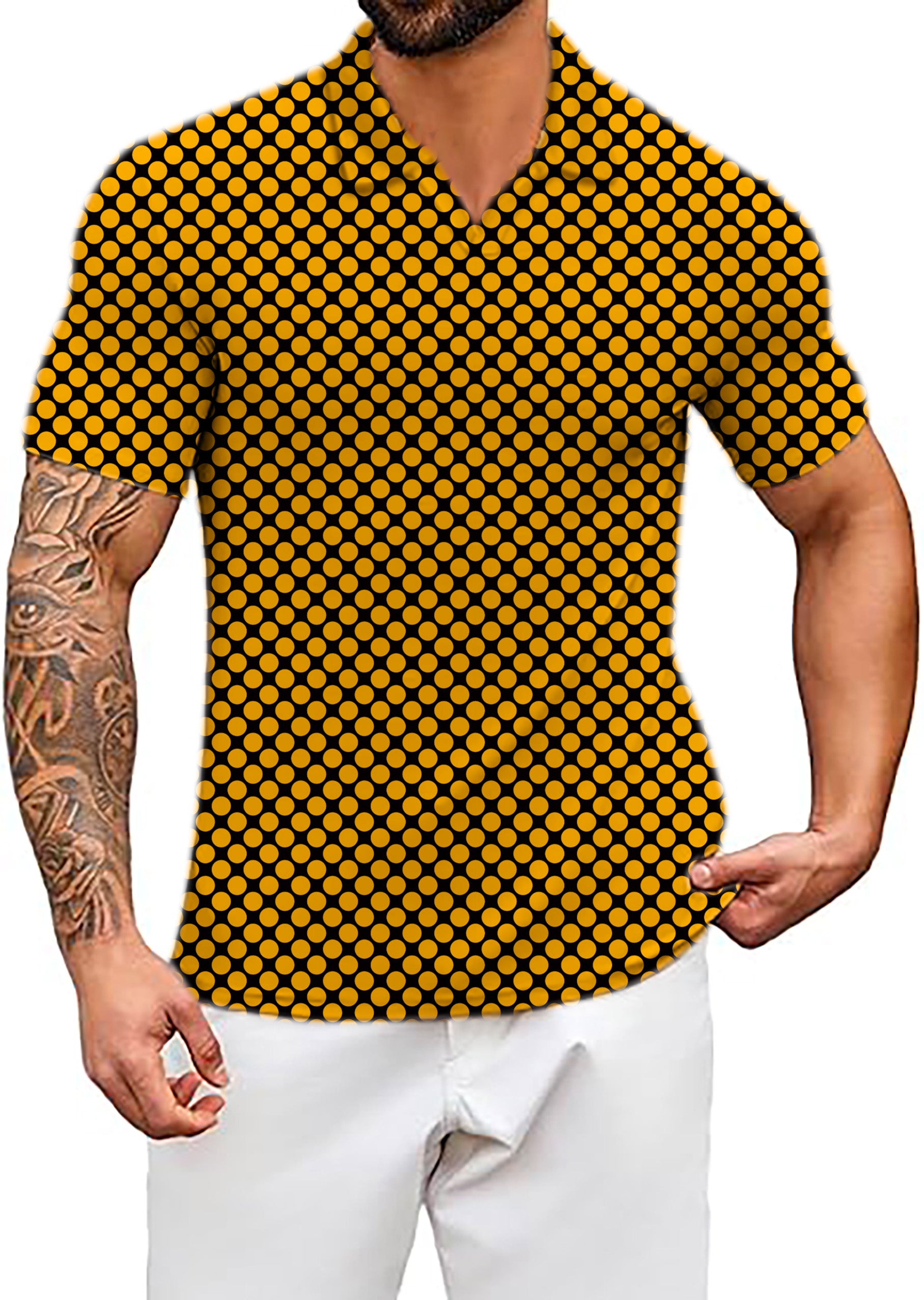 Men's Halloween black and yellow polka dots V Neck Golf Polo Shirts