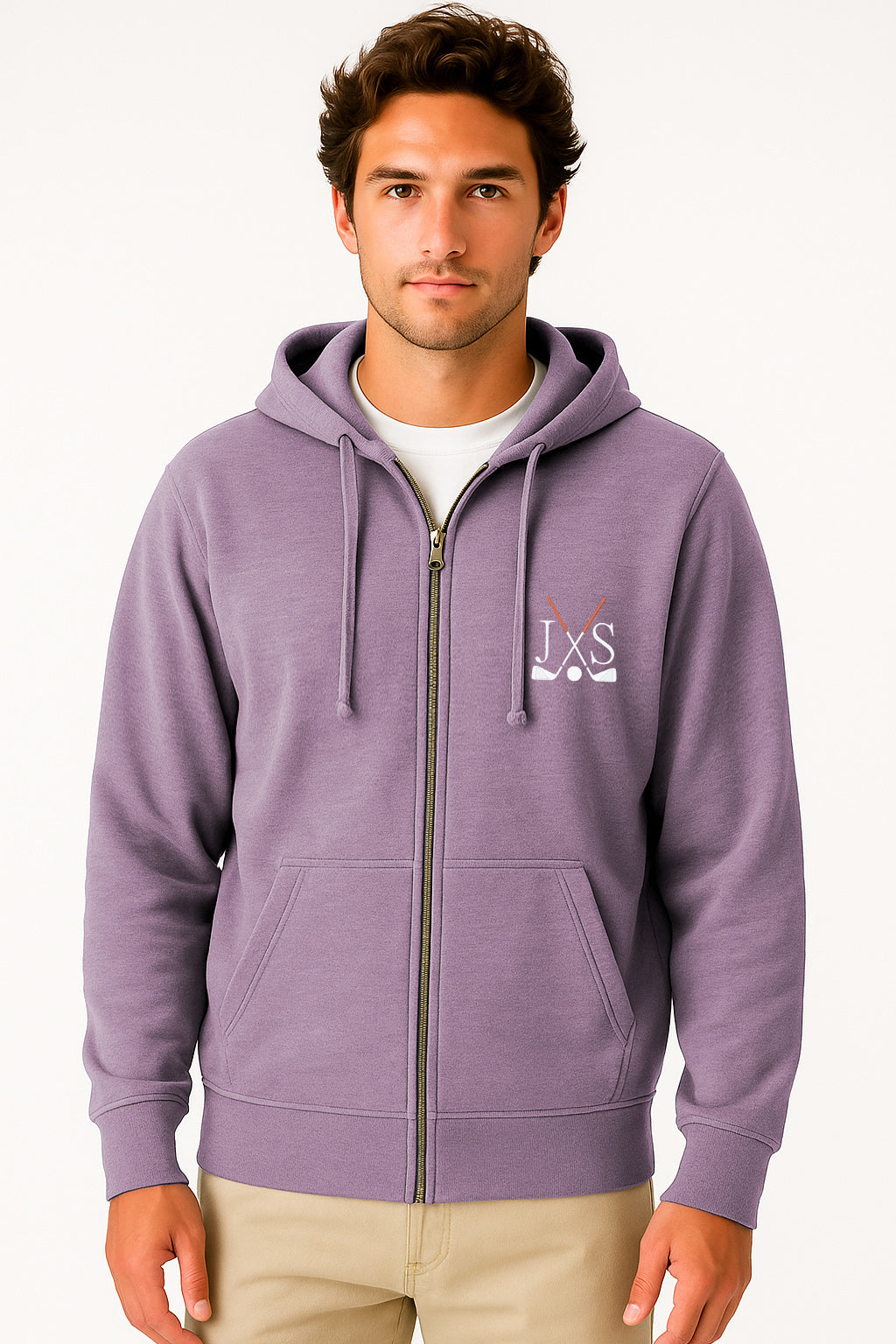 Men's plus size purple solid color embroidered zipper hoodie with three-panel hood and front pouch pocket