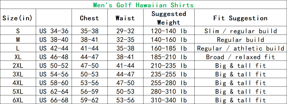 Custom Red Heart Photo men's golf Hawaiian shirt size chart with shoulder, bust, and length measurements in inches and centimeters