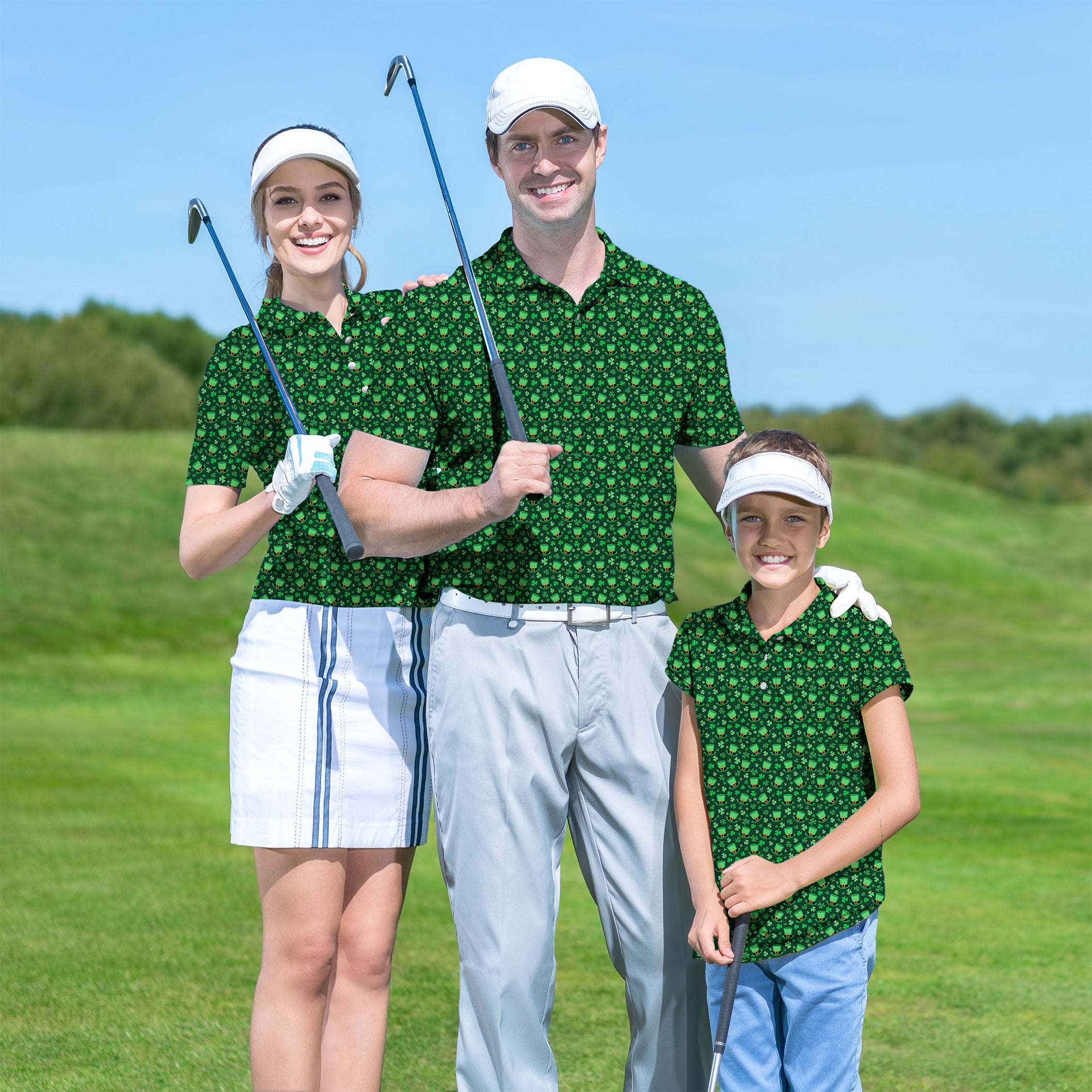 Leprechaun hat clover leaf St. Patrick's Day Golf Polo Men Women youth family set