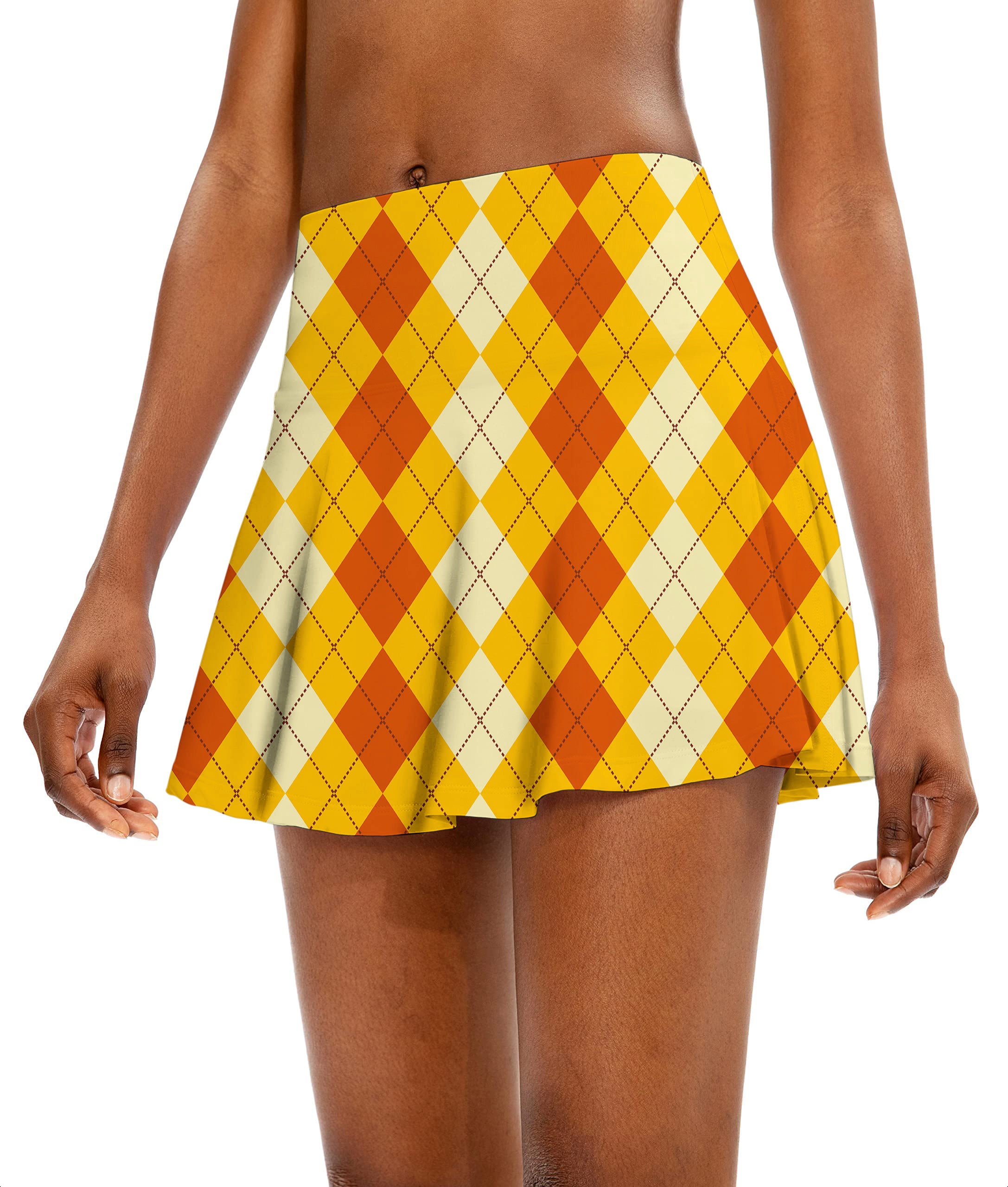 Halloween Light Yellow Red Argyle Women's Athletic Golf Skorts Flared Skirts