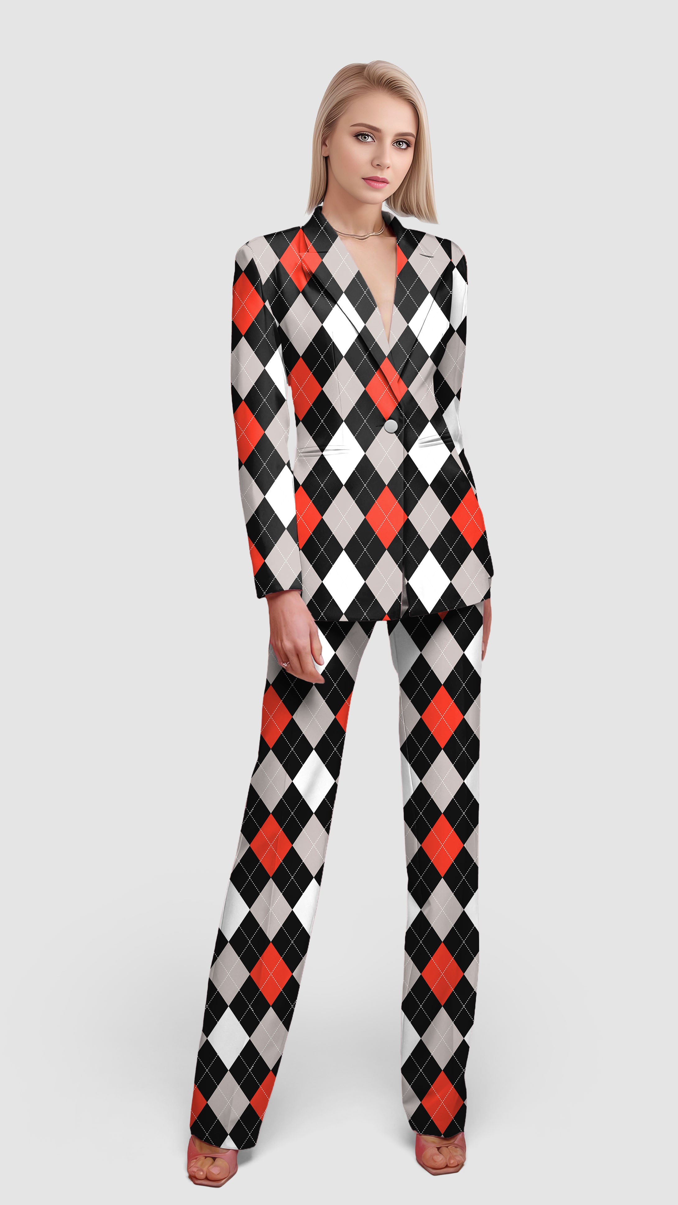 Argyle red black-Women's Blazer Casual Work Office Blazer Suit set
