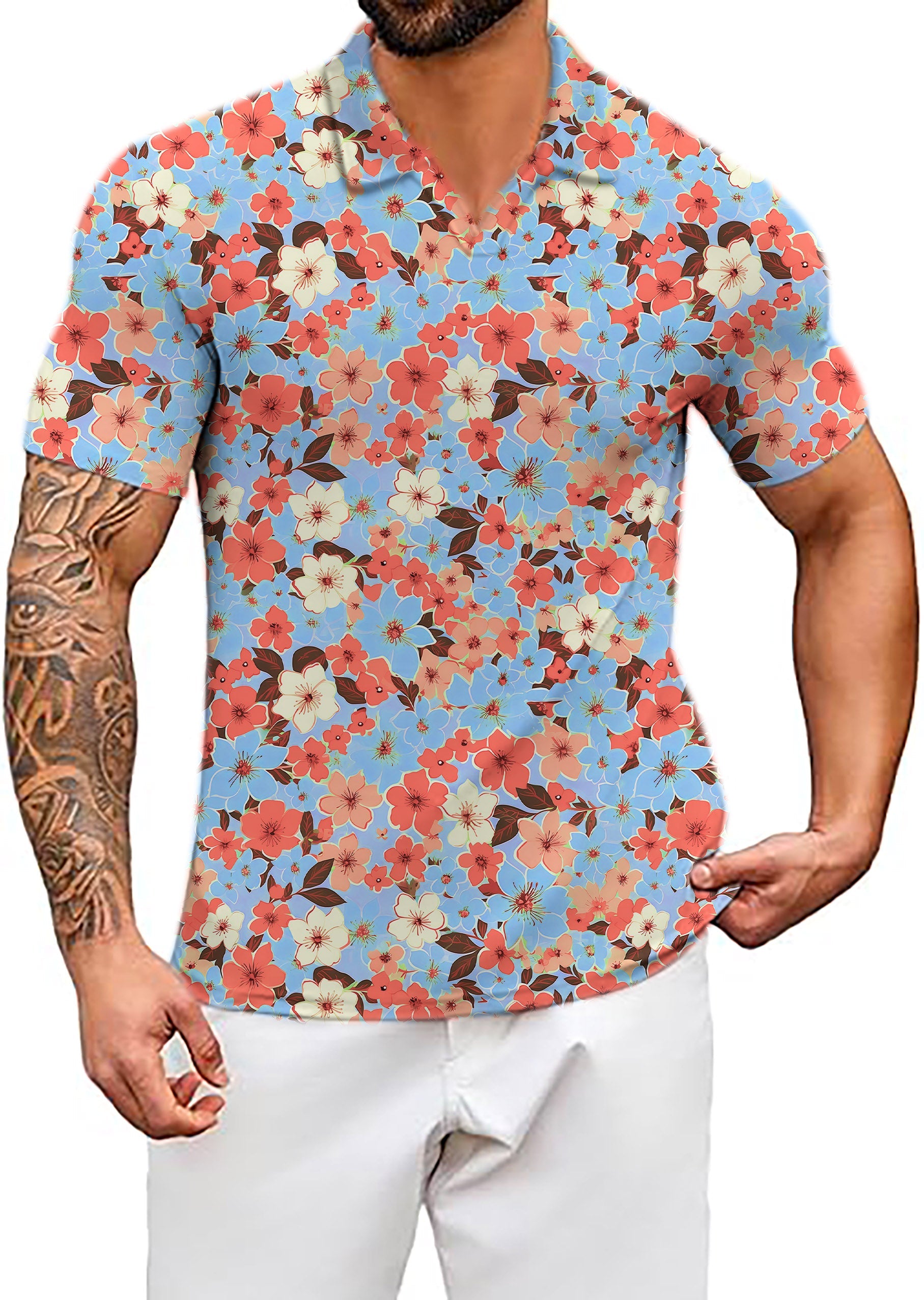 Men's Coconut Palm Light Tropical flowers V Neck Golf Polo Shirts