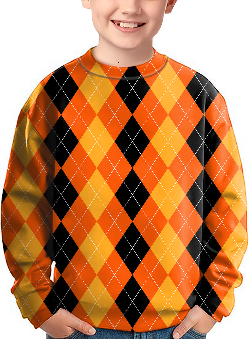 Halloween Black Yellow Orange Argyle Crewneck Pullover Kids Ugly Sweater