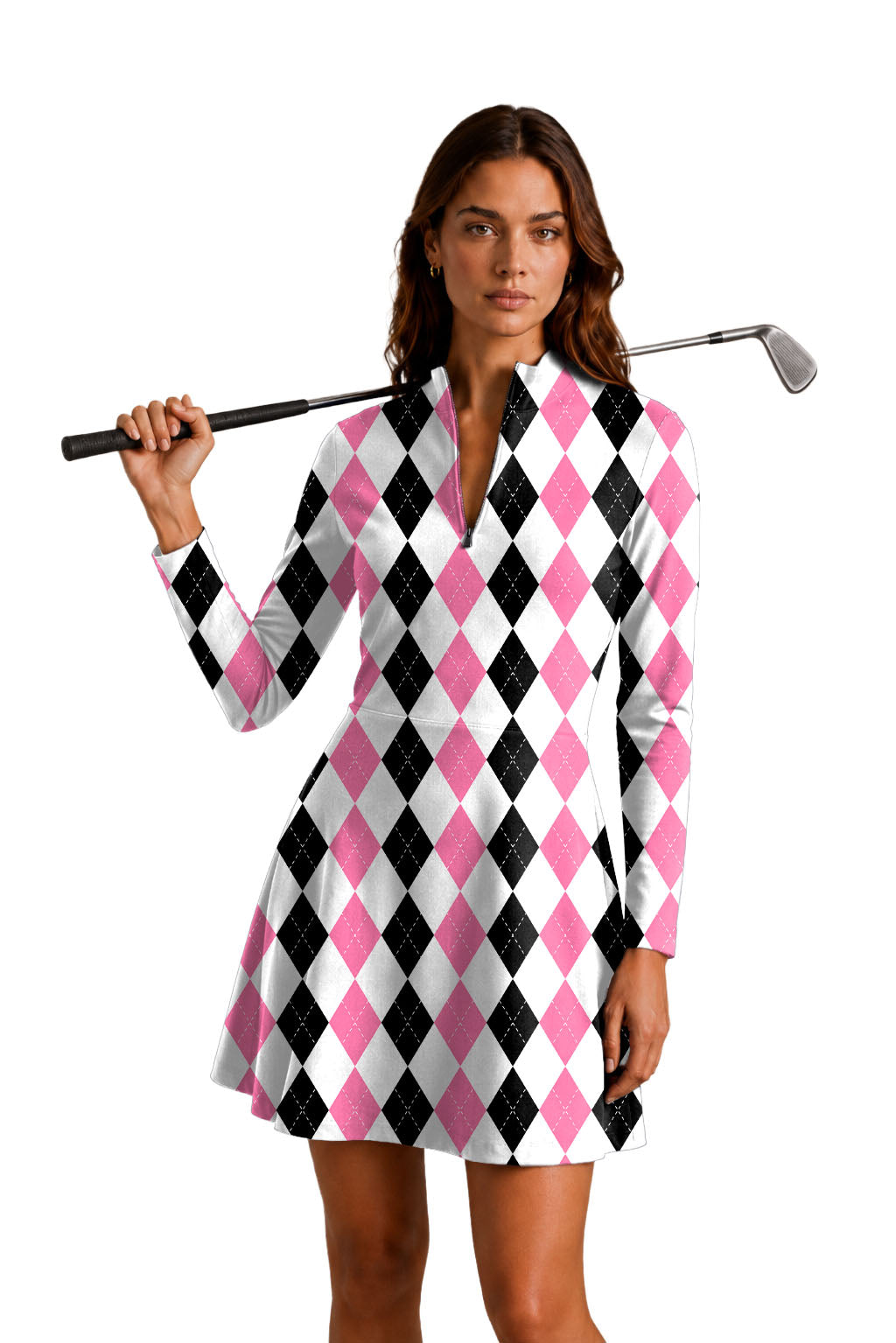 pink black argyle Women's Golf Long Sleeve Zipper Dresses Comes with separate matching shorts