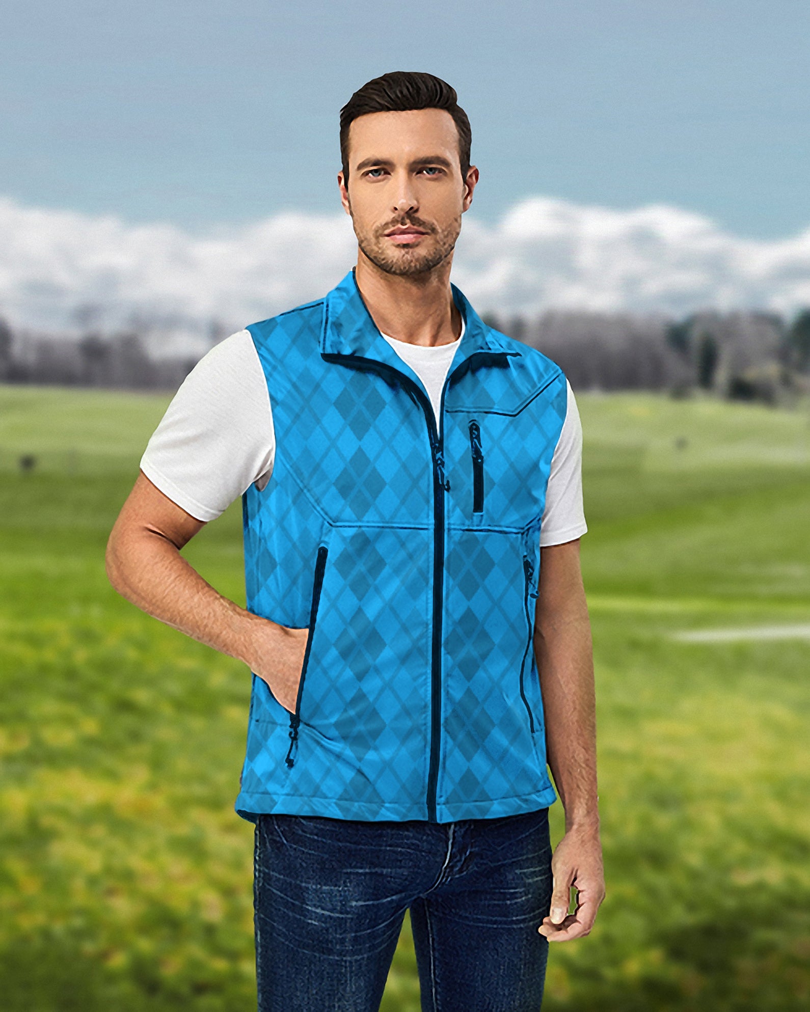 Men's Argyle Blue grid Lightweight Softshell Vest Sleeveless Jacket for Golf Windproof Waterproof