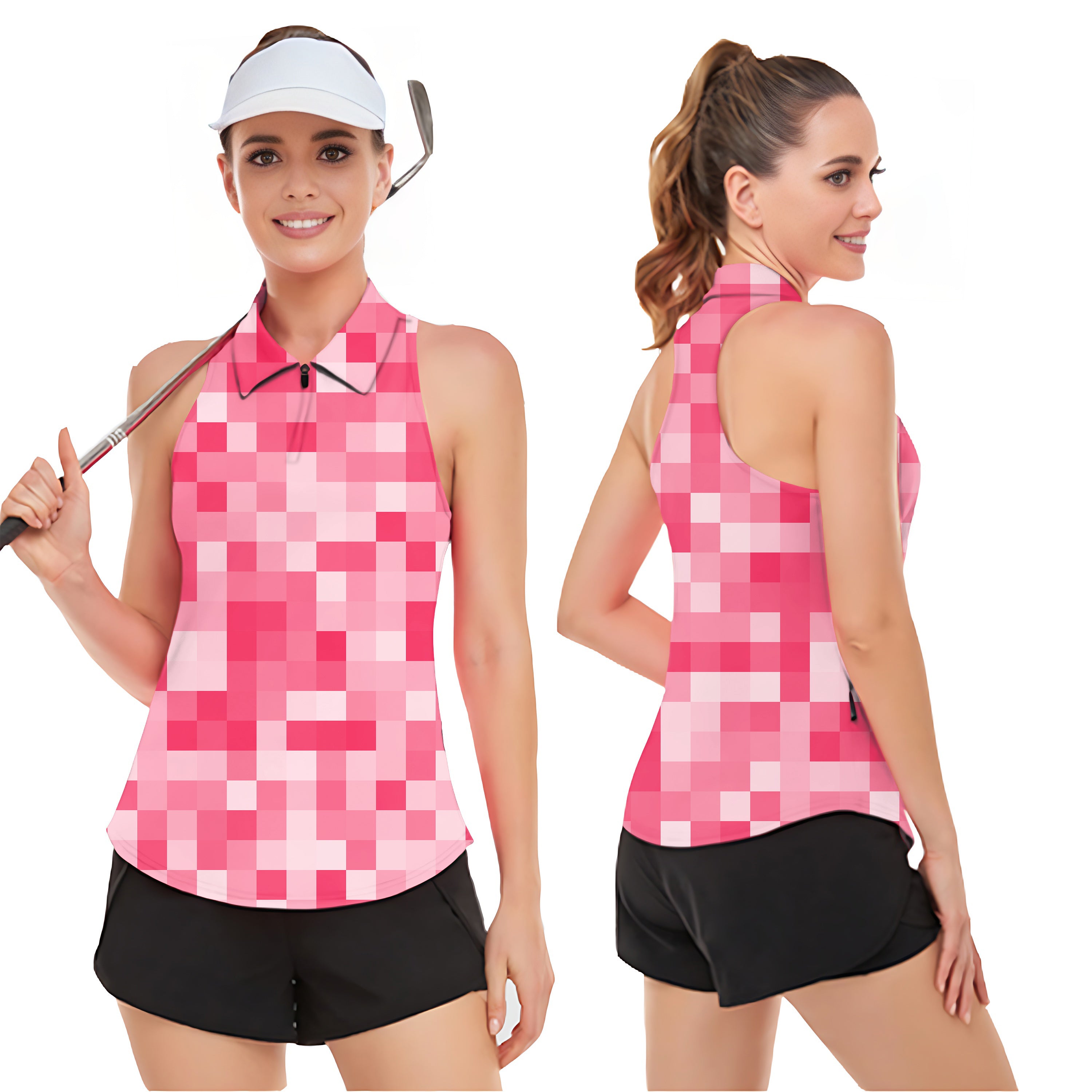 Light Red Pixel Big Women‘s Sleeveless Golf Tank Top Shirt Polo