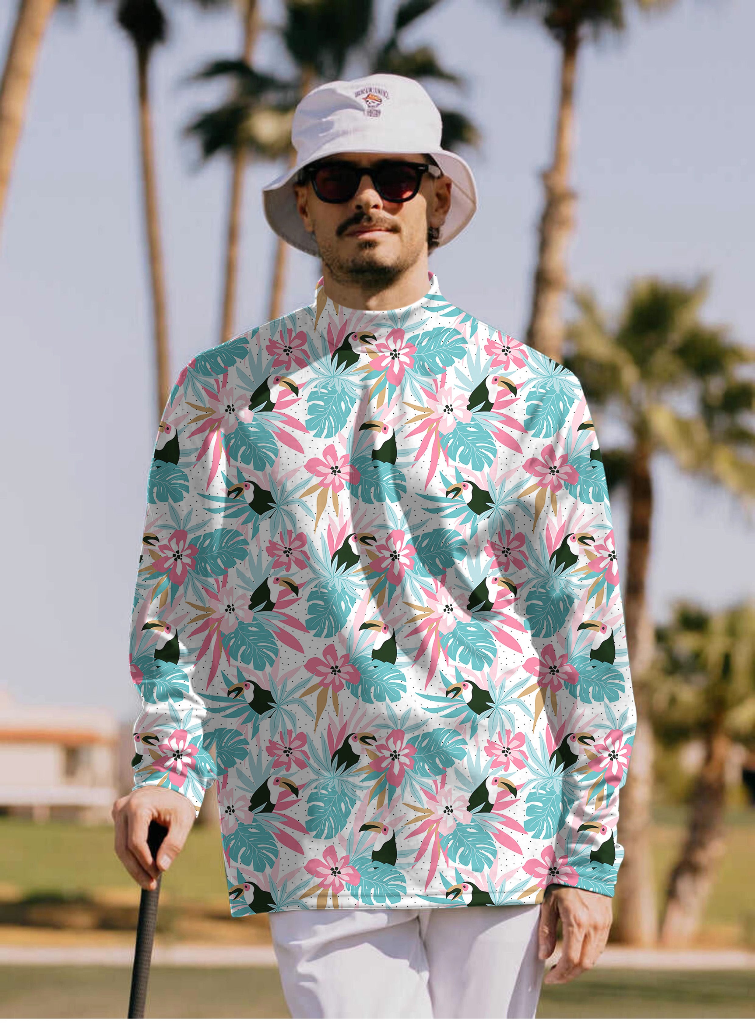 Men's Floral Toucan Pullover High neck Long/Short sleeve T-Shirt