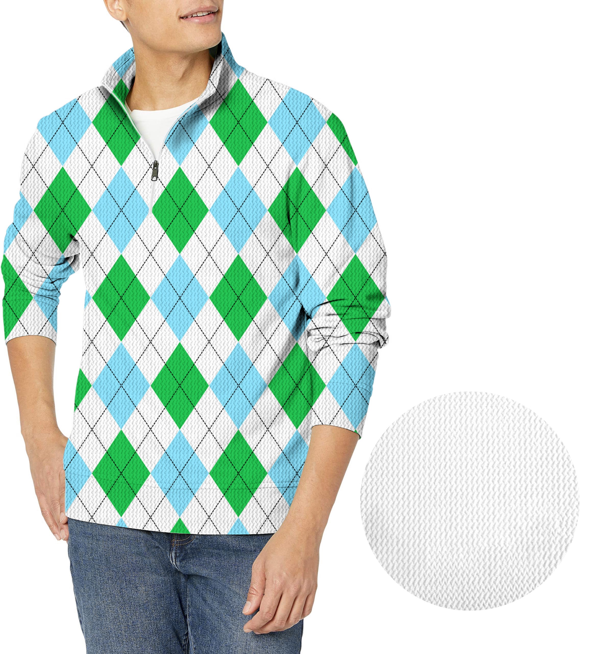 Green diamond grid-Men's Golf Waffle Zipper Pullover
