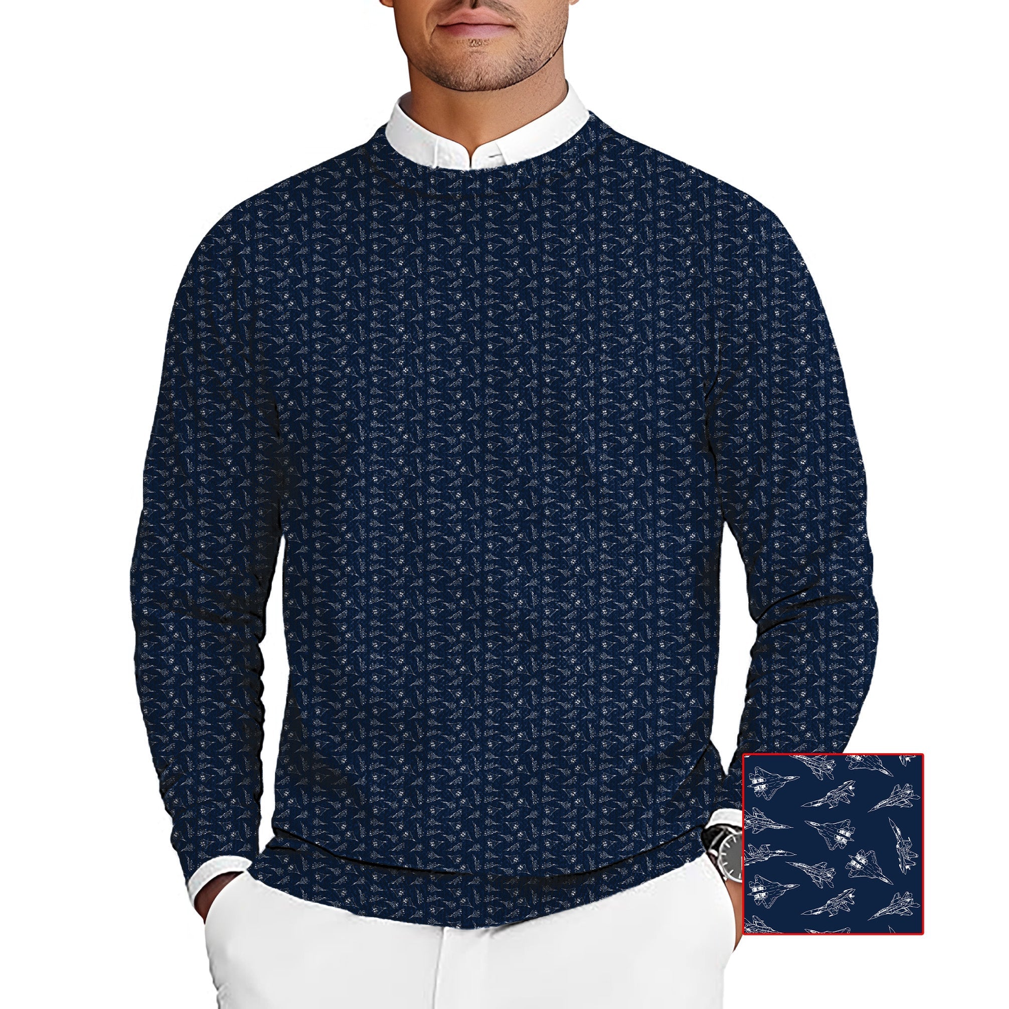 Fighter Men's navy blue golf crewneck pullover sweater with subtle pattern