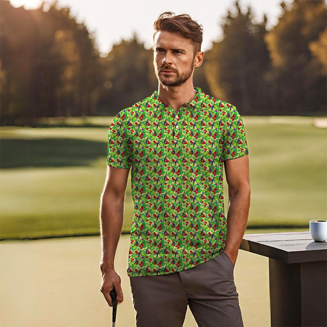 Men's Toucan tropical flowers golf polo