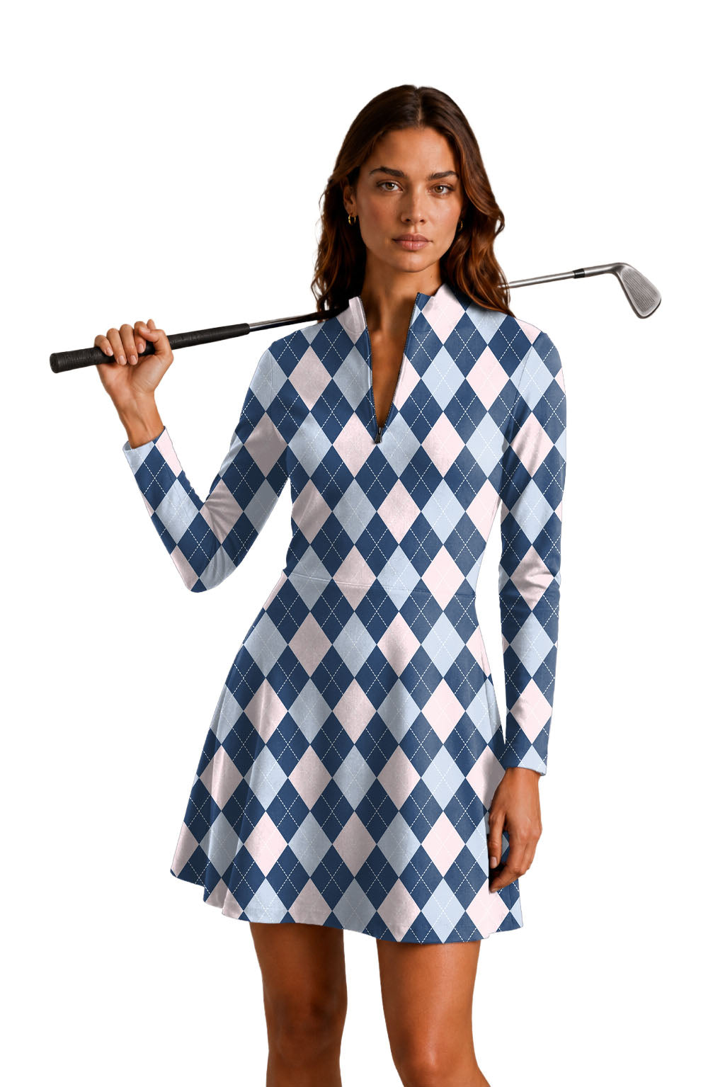 blue Argyle Women's Golf Long Sleeve Zipper Dresses Comes with separate matching shorts