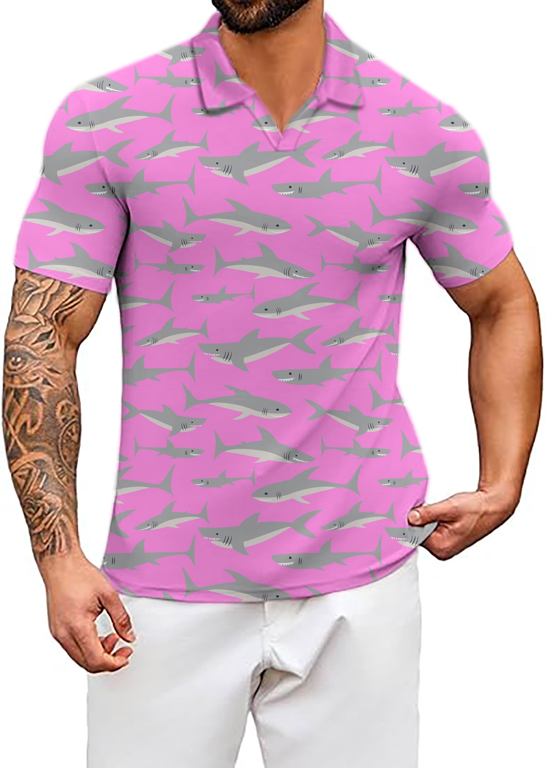 Men's Pink Sharks V Neck Golf Polo Shirts