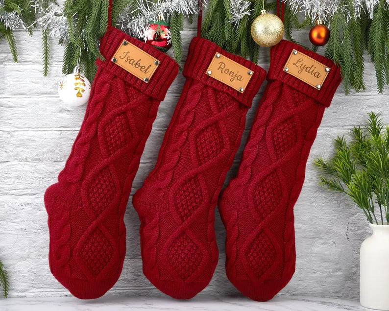 Engraved Leather Christmas Stockings with Name Holiday Gift