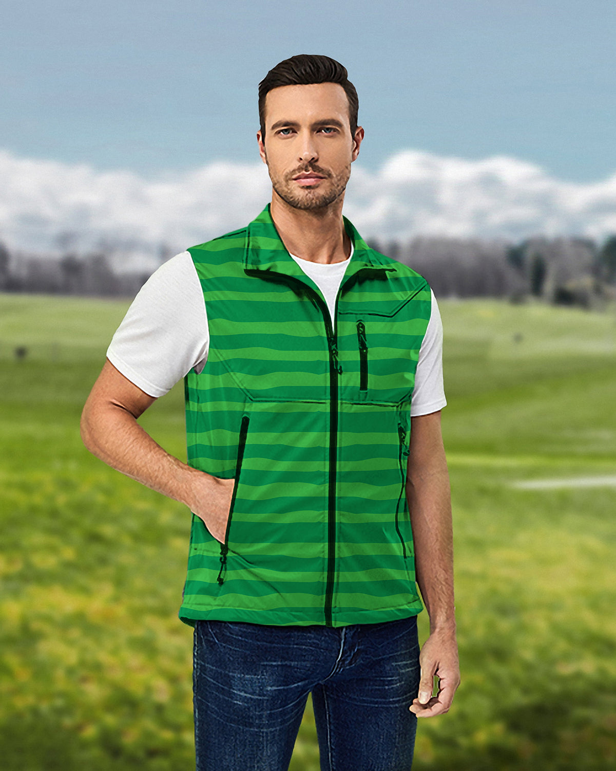 Men's Horizontal watermelon stripes Lightweight Softshell Vest Sleeveless Jacket for Golf Windproof Waterproof
